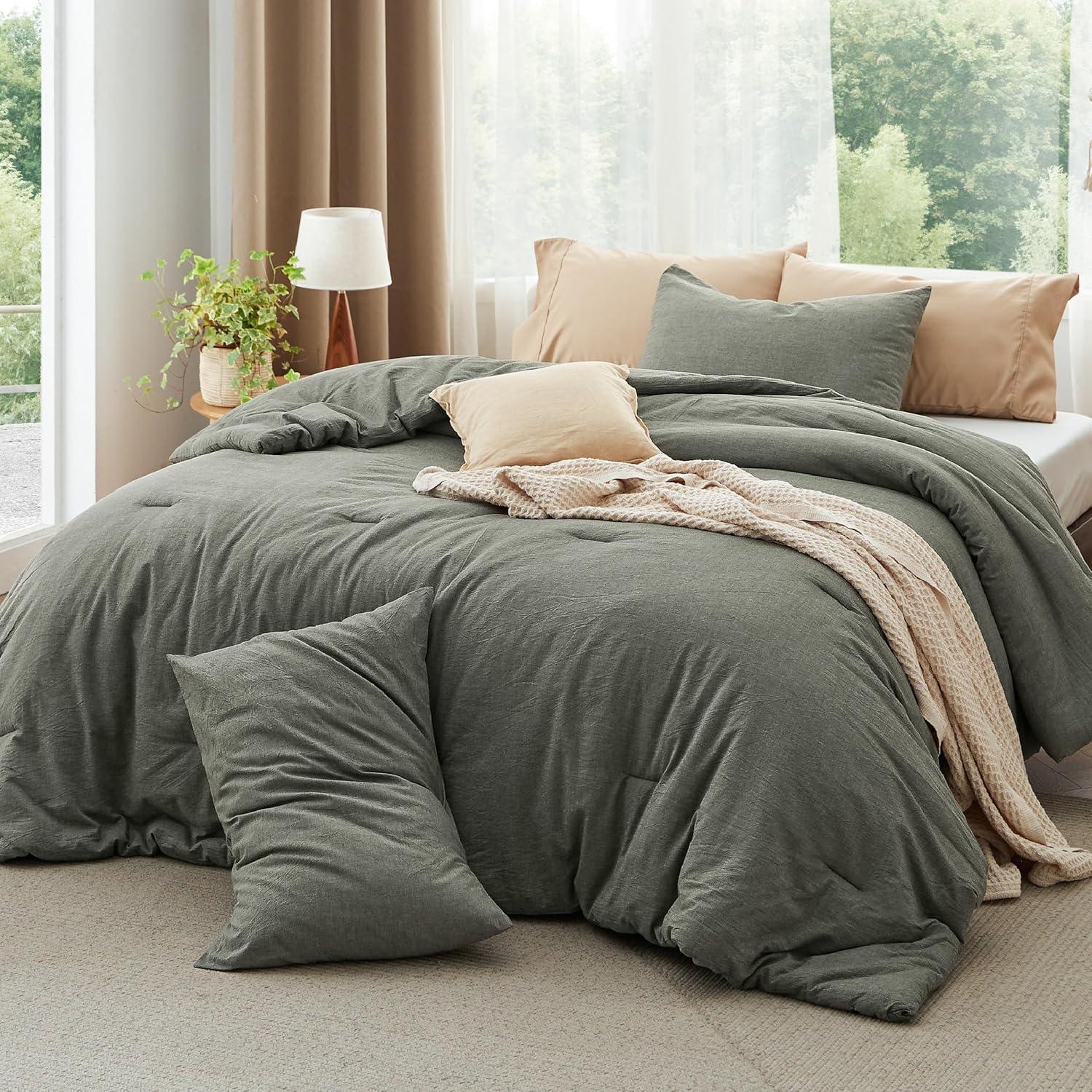 imageBedsure Comforter Set Queen Size Grayish Olive Green Cotton Fabric with Microfiber Inner Fill Queen Comforter Set for All Seasons 3 Pieces 1 Comforter 90quotx90quot and 2 Pillow Cases 20quotx26quot01 Grayish Olive Green