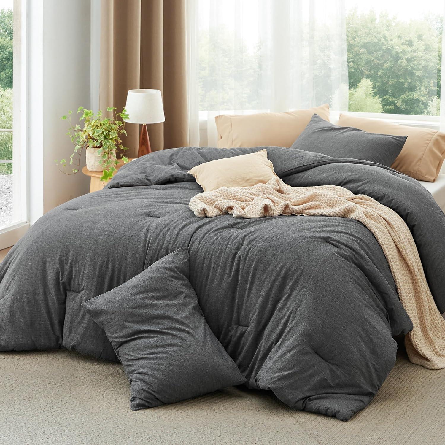 imageBedsure Comforter Set Queen Size Grayish Olive Green Cotton Fabric with Microfiber Inner Fill Queen Comforter Set for All Seasons 3 Pieces 1 Comforter 90quotx90quot and 2 Pillow Cases 20quotx26quot02 Dark Grey