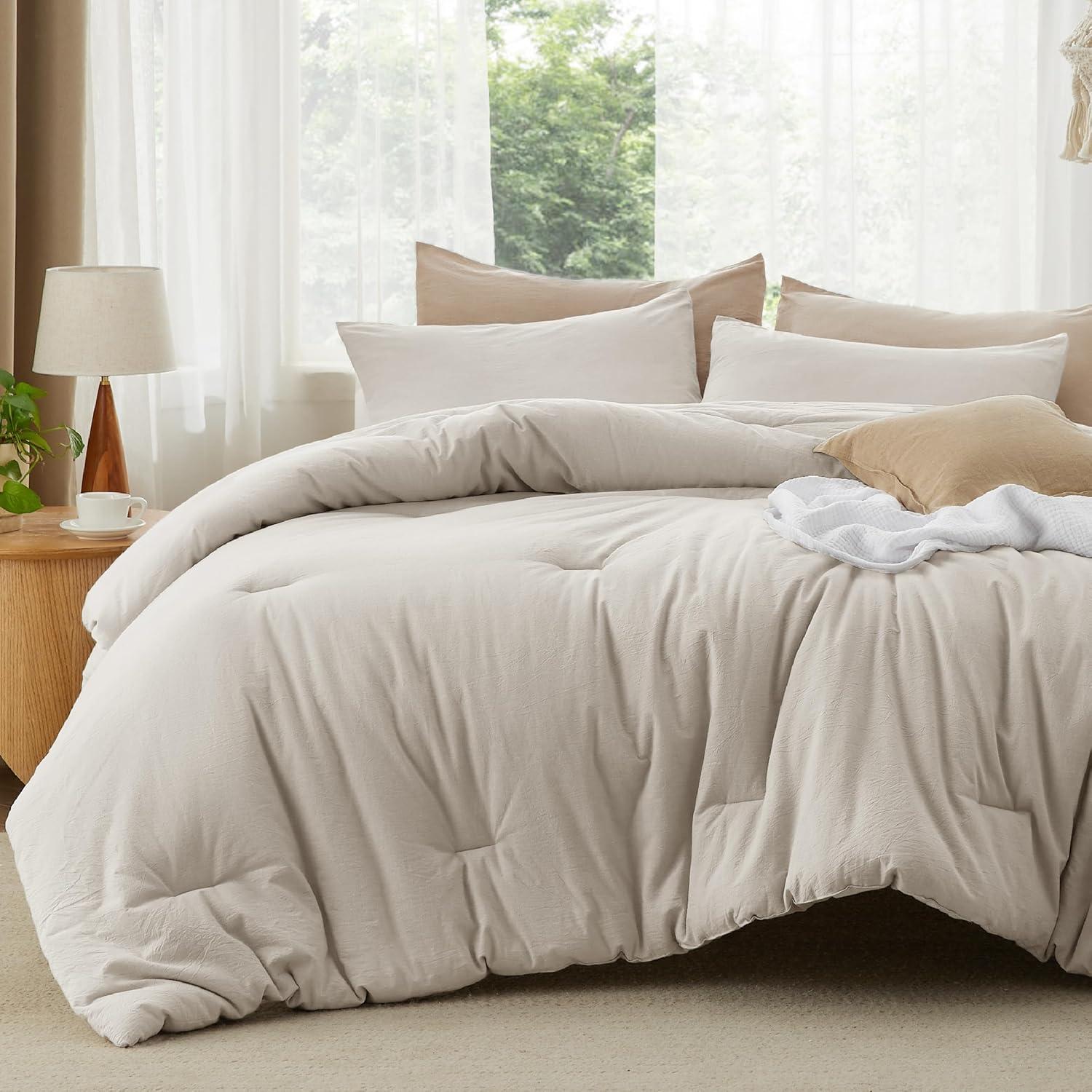 imageBedsure Comforter Set Queen Size Grayish Olive Green Cotton Fabric with Microfiber Inner Fill Queen Comforter Set for All Seasons 3 Pieces 1 Comforter 90quotx90quot and 2 Pillow Cases 20quotx26quot03 Linen Color