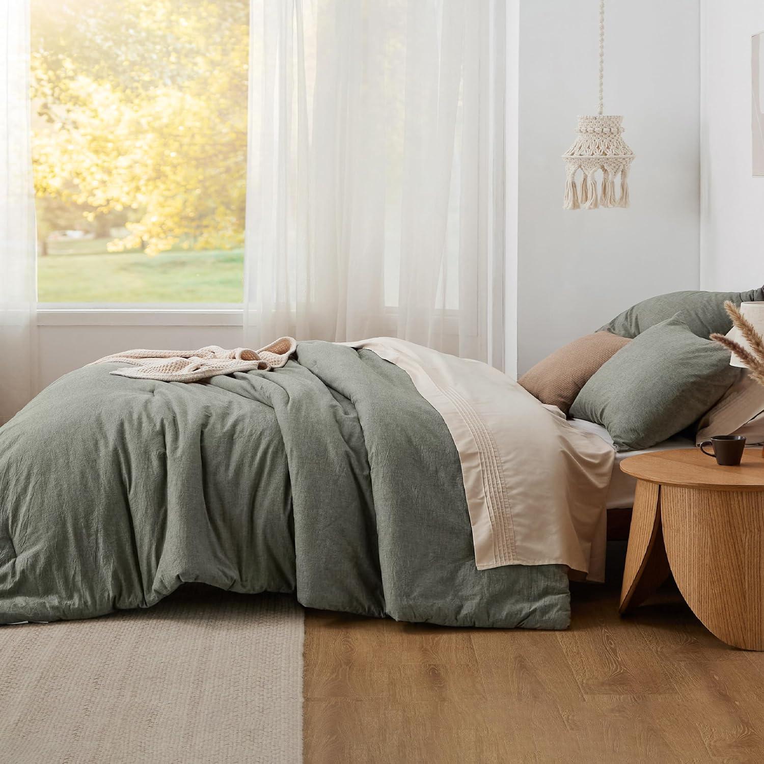 imageBedsure Comforter Set Queen Size Grayish Olive Green Cotton Fabric with Microfiber Inner Fill Queen Comforter Set for All Seasons 3 Pieces 1 Comforter 90quotx90quot and 2 Pillow Cases 20quotx26quot01 Grayish Olive Green