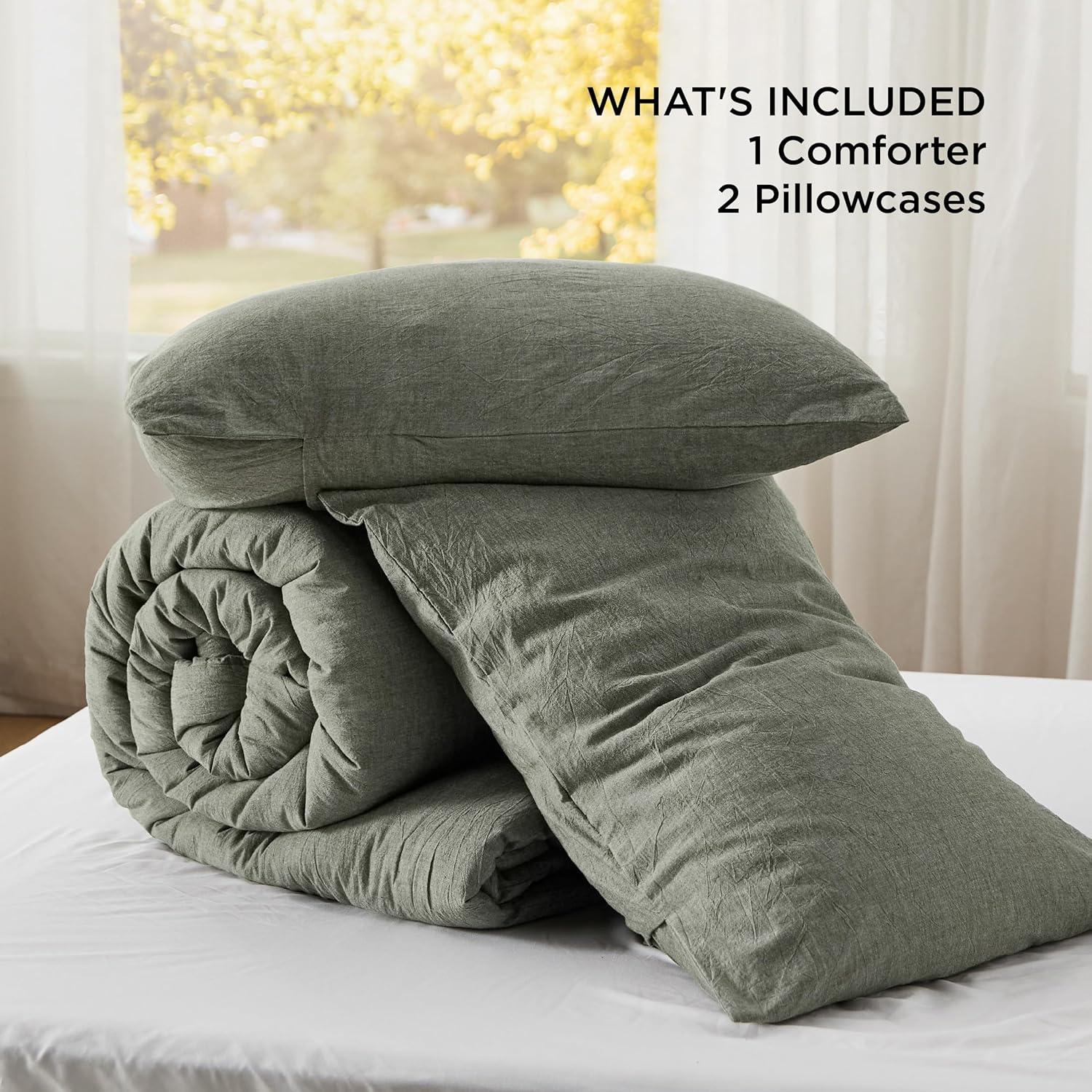 imageBedsure Comforter Set Queen Size Grayish Olive Green Cotton Fabric with Microfiber Inner Fill Queen Comforter Set for All Seasons 3 Pieces 1 Comforter 90quotx90quot and 2 Pillow Cases 20quotx26quot01 Grayish Olive Green