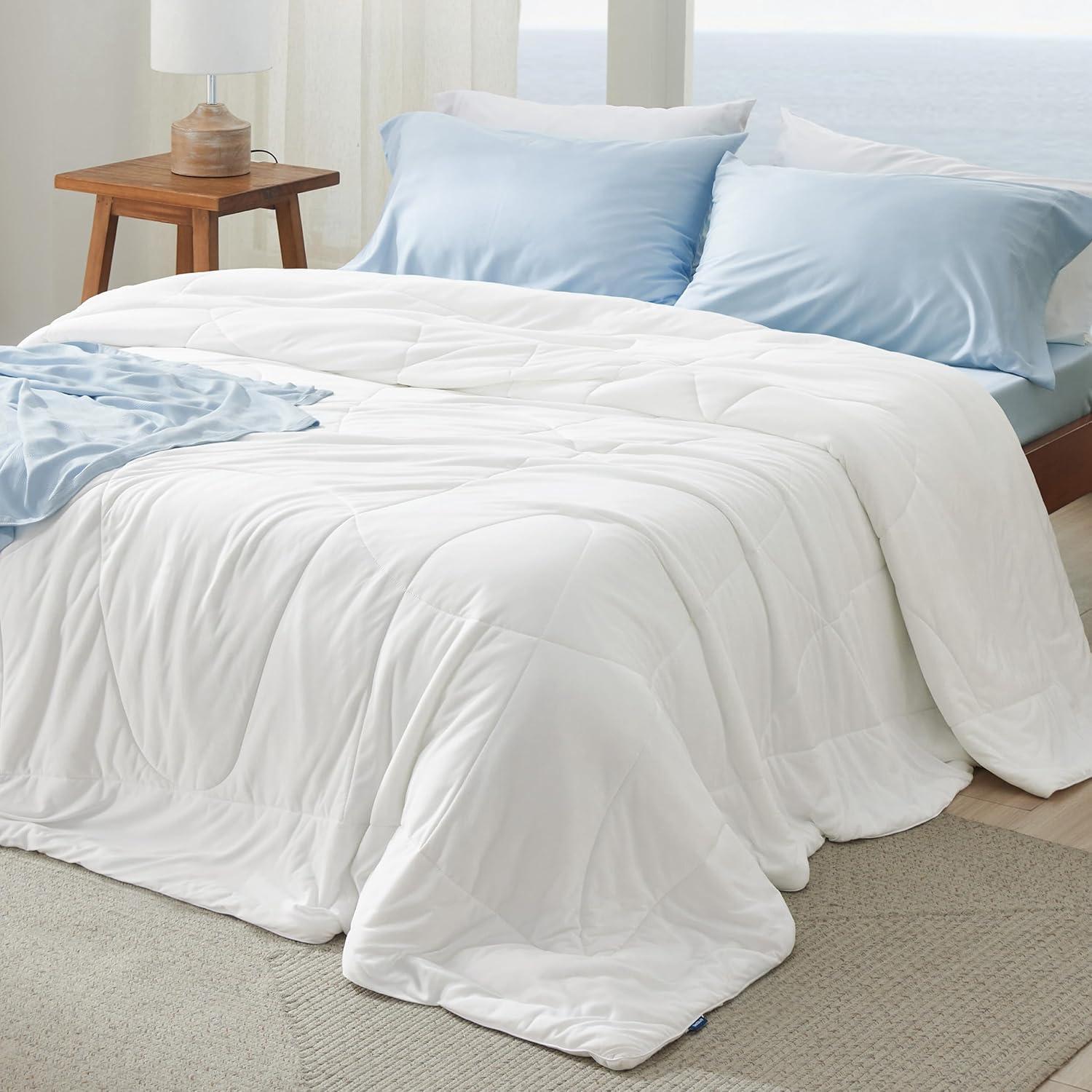 imageBedsure Cooling Comforter Queen Size GentleSoft Moisture Wicking Cooling Blanket for Hot Sleepers Breathable Lightweight Duvet Insert DualSided Summer Blanket Blue 88x88 InchesWhite