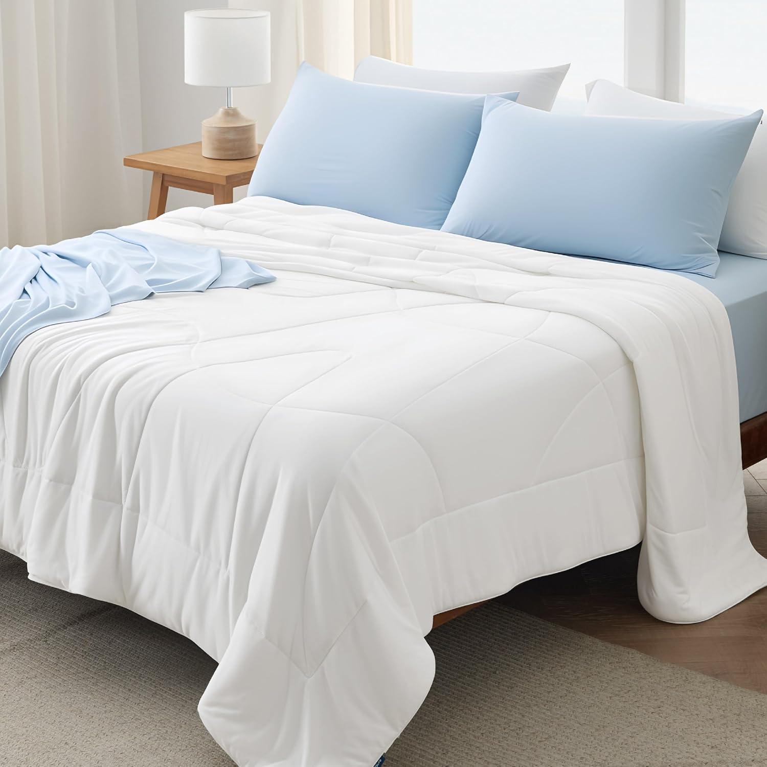 imageBedsure Cooling Comforter Queen Size GentleSoft Moisture Wicking Cooling Blanket for Hot Sleepers Breathable Lightweight Duvet Insert DualSided Summer Blanket Blue 88x88 InchesWhite