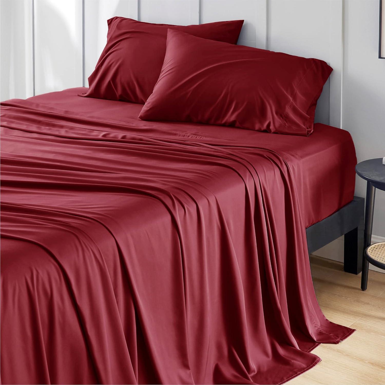 imageBedsure Cooling Sheets Twin Rayon Derived from Bamboo Breathable ampamp Soft Twin Sheets Set Deep Pocket Up to 16 Inches Hotel Luxury Silky Bedding for Hot Sleepers Burgundy15 Burgundy