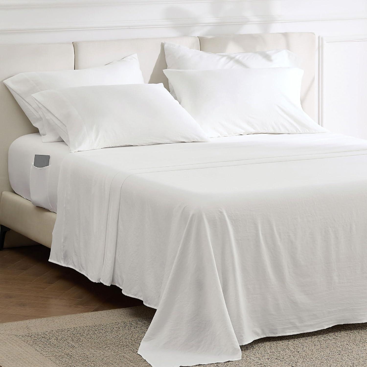 imageBedsure Deep Pocket Queen Sheets 6 Piece Prewashed UltraSoft Queen Sheet Set Fits Mattresses Up to 18 Inches Thick Breathable ampamp Secure Fit Hotel Luxury Bedding Sage GreenWhite
