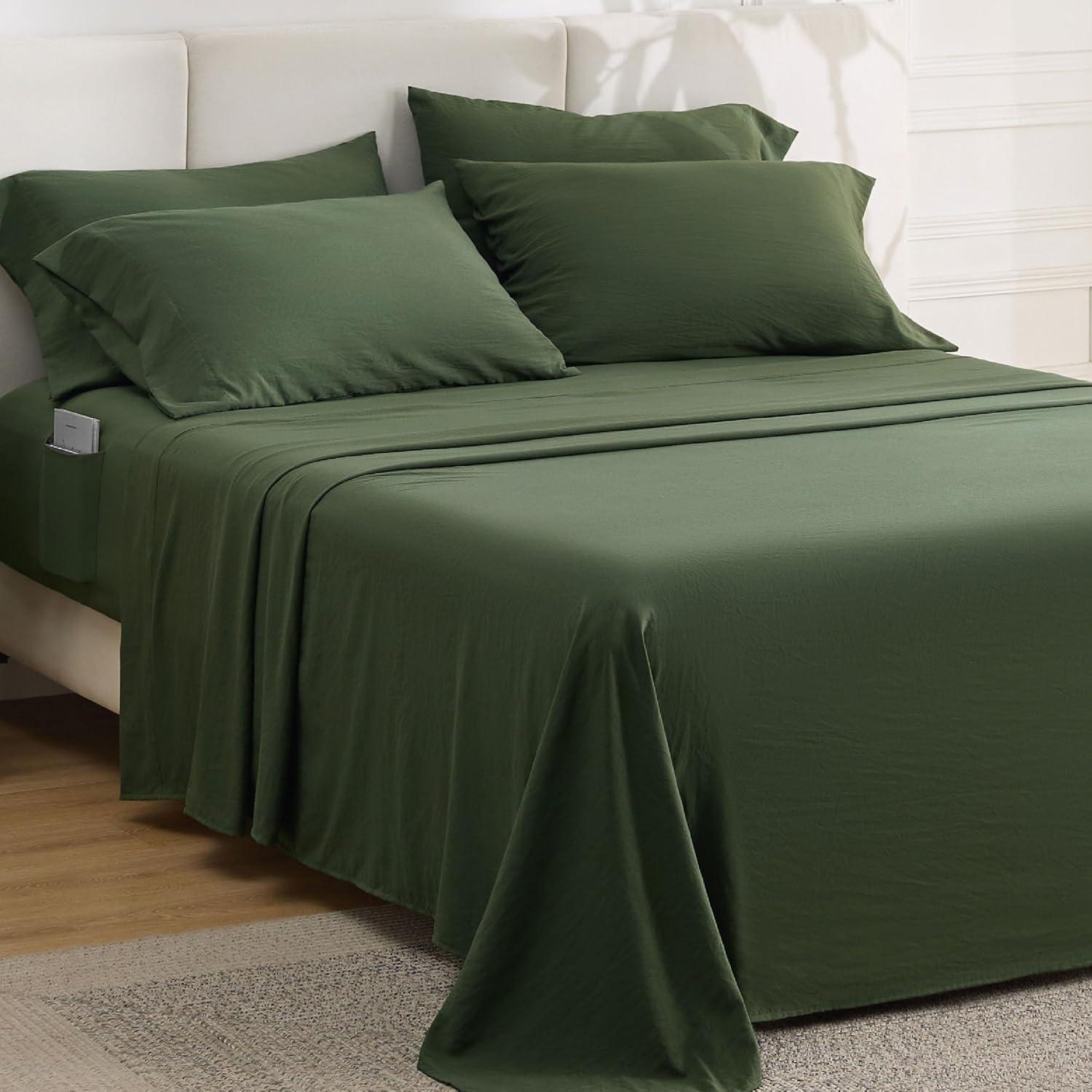 imageBedsure Deep Pocket Queen Sheets 6 Piece Prewashed UltraSoft Queen Sheet Set Fits Mattresses Up to 18 Inches Thick Breathable ampamp Secure Fit Hotel Luxury Bedding Sage GreenOlive Green
