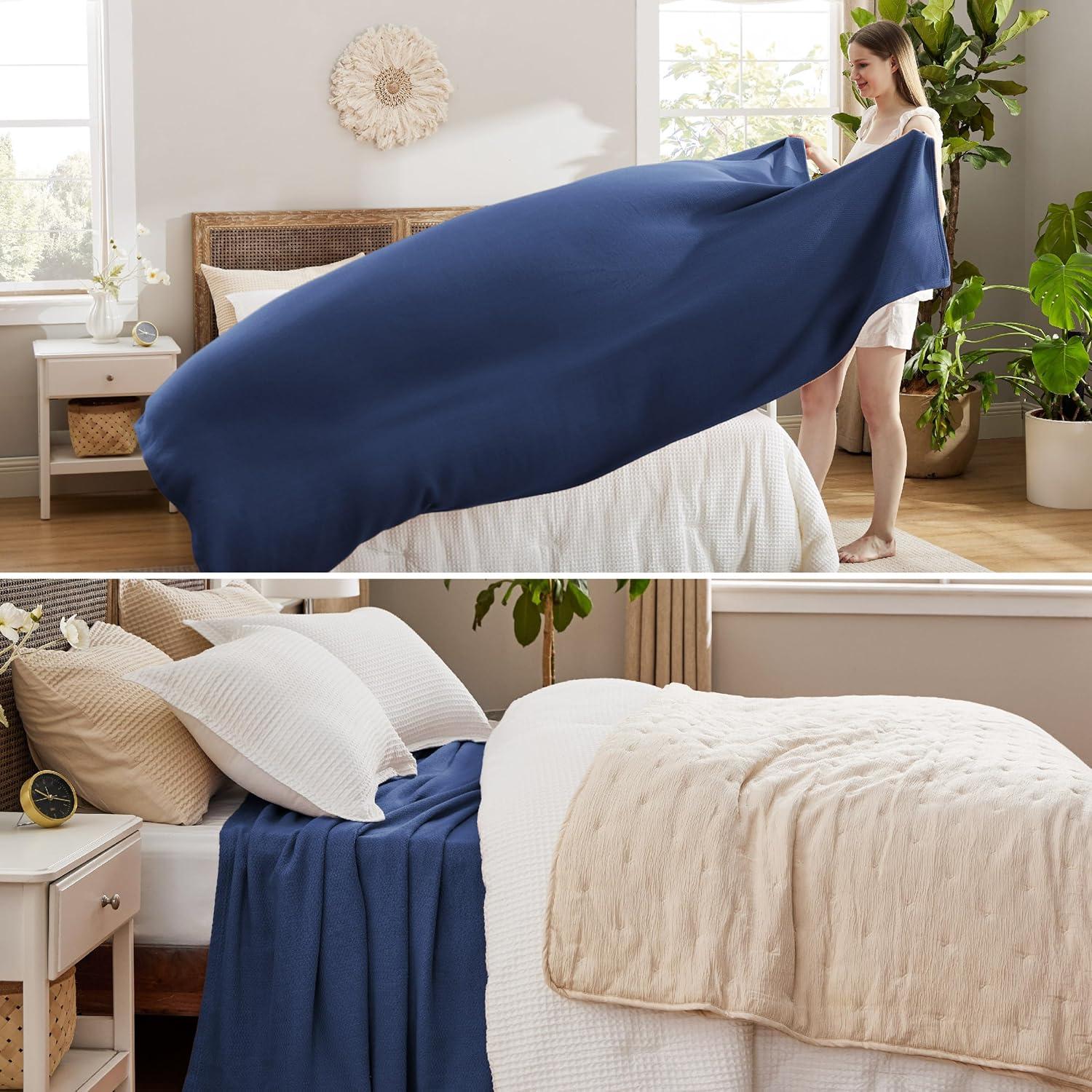 imageBedsure GentleSoft 100 Cotton Blanket Queen Size for Bed Breathable and Lightweight Soft Cozy Textured Herringbone Woven Blanket Linen Beige 90x90 inches05 Navy Blue