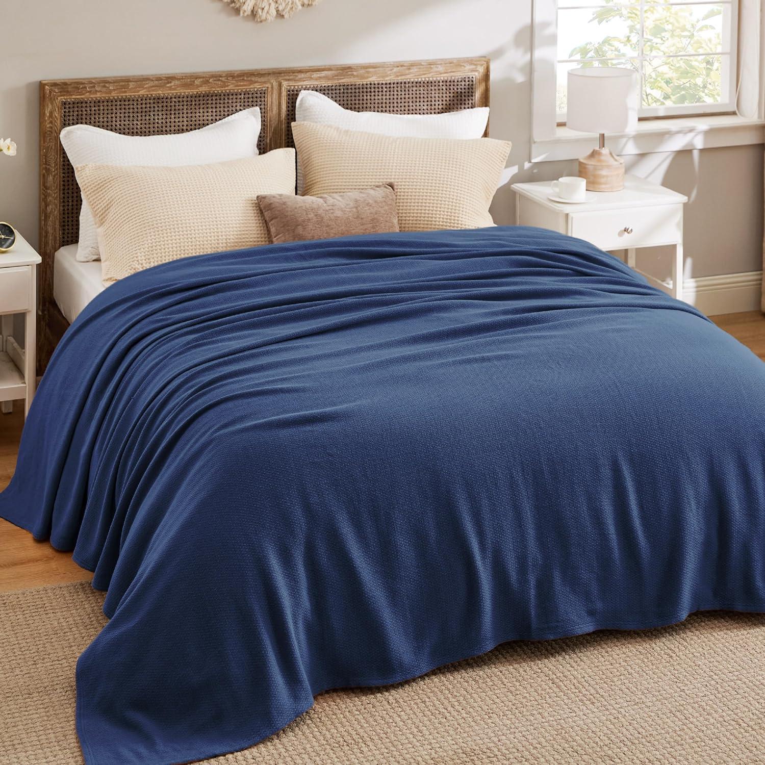 imageBedsure GentleSoft 100 Cotton Blanket Queen Size for Bed Breathable and Lightweight Soft Cozy Textured Herringbone Woven Blanket Linen Beige 90x90 inches05 Navy Blue