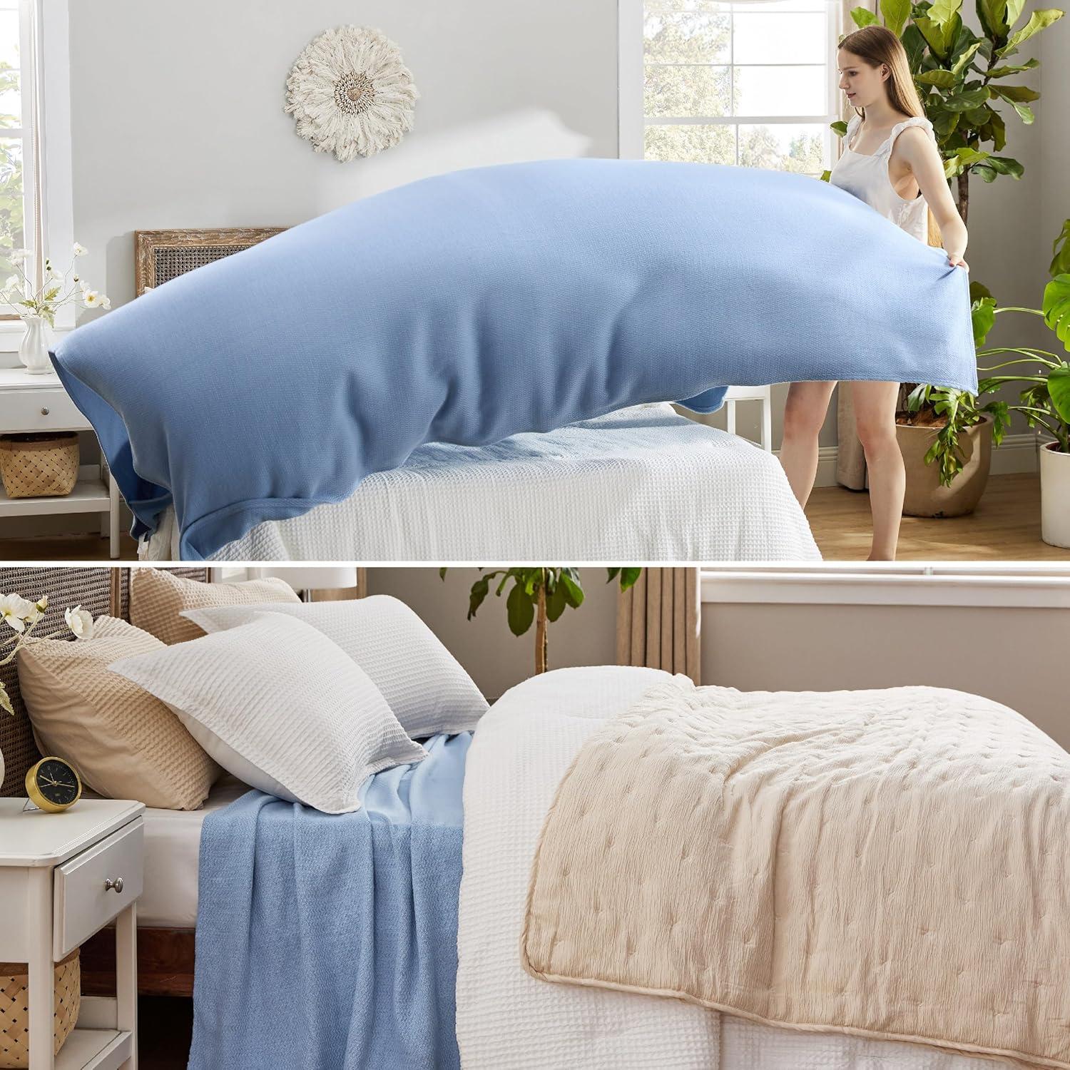 imageBedsure GentleSoft 100 Cotton Blanket Queen Size for Bed Breathable and Lightweight Soft Cozy Textured Herringbone Woven Blanket Linen Beige 90x90 inches05 Ashley Blue