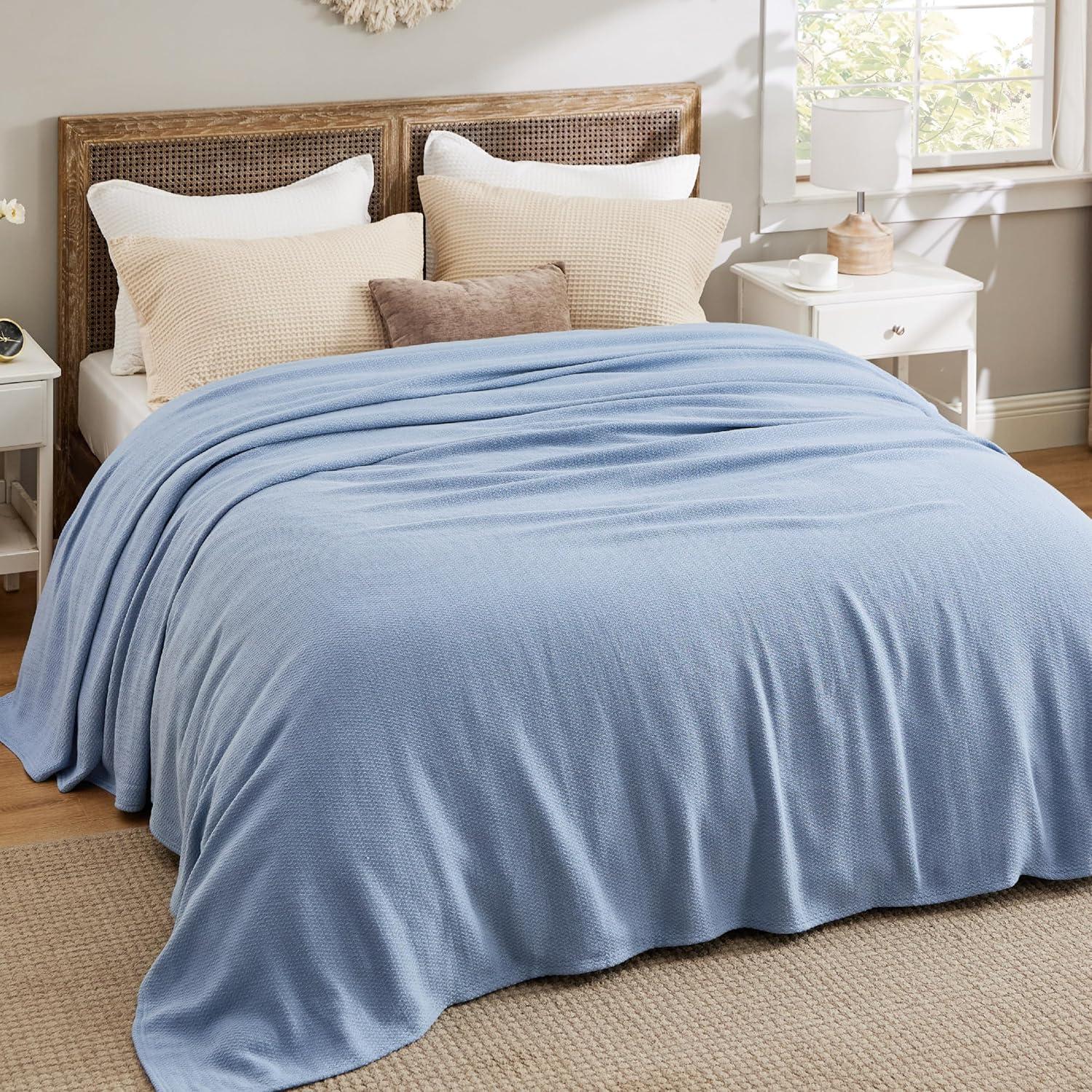 imageBedsure GentleSoft 100 Cotton Blanket Queen Size for Bed Breathable and Lightweight Soft Cozy Textured Herringbone Woven Blanket Linen Beige 90x90 inches05 Ashley Blue