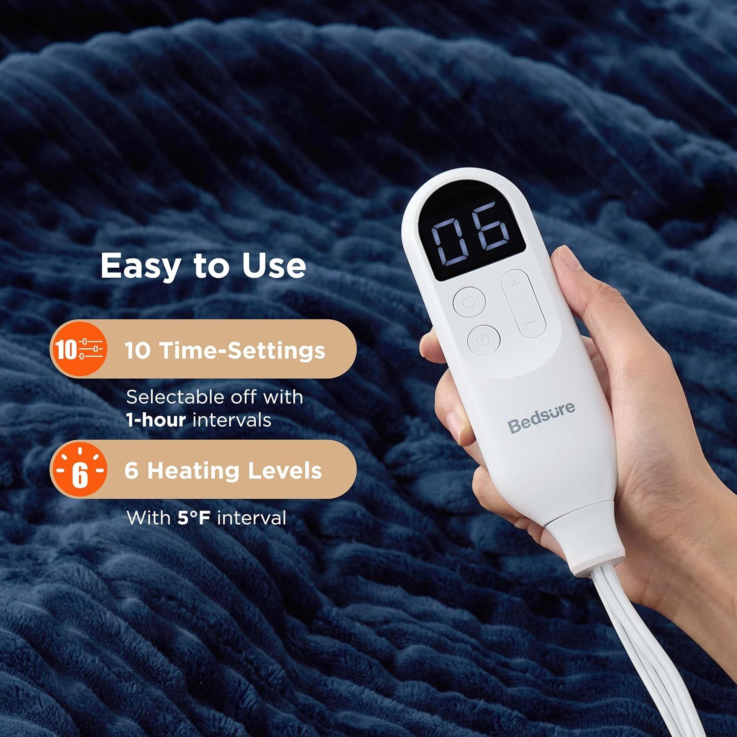 imageBedsure GentleSoft Electric Blanket King Size Soft Ribbed Flannel Heated Blanket with Dual Control Heating with 10 Heat Settings ampamp 10 Time Settings 8 hrs Timer Auto Shut Off 90x100 inches Grey04 Navy
