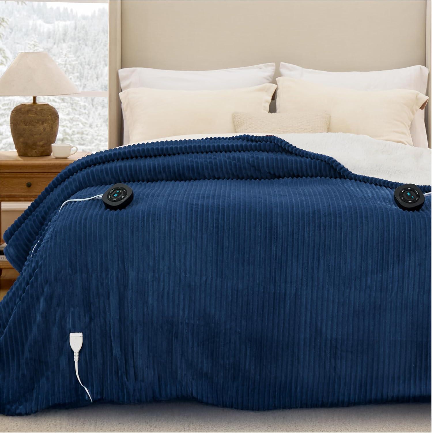 imageBedsure GentleSoft Electric Blanket King Size Soft Ribbed Flannel Heated Blanket with Dual Control Heating with 10 Heat Settings ampamp 10 Time Settings 8 hrs Timer Auto Shut Off 90x100 inches Grey04 Navy