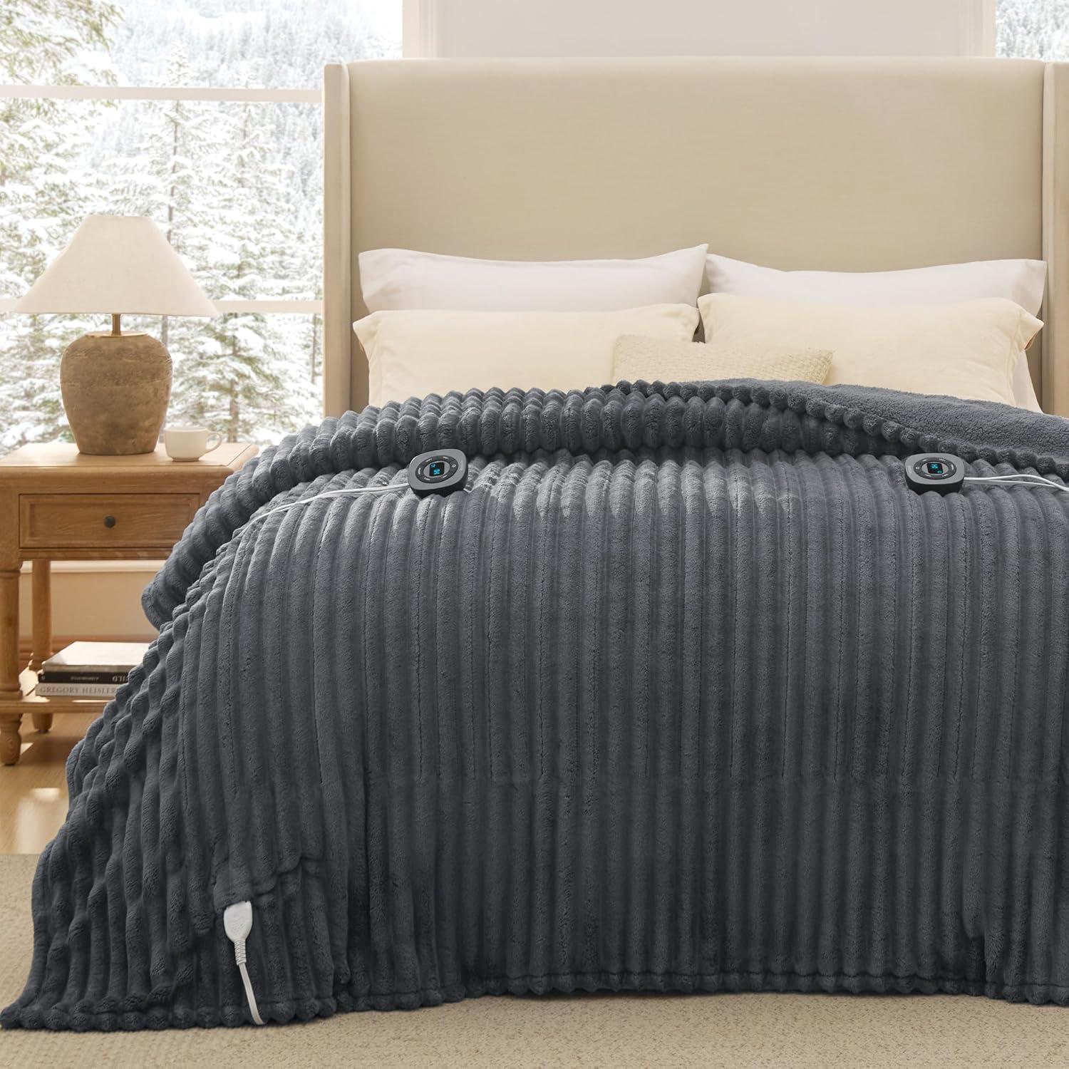 imageBedsure GentleSoft Electric Blanket King Size Soft Ribbed Flannel Heated Blanket with Dual Control Heating with 10 Heat Settings ampamp 10 Time Settings 8 hrs Timer Auto Shut Off 90x100 inches Grey09 Grey