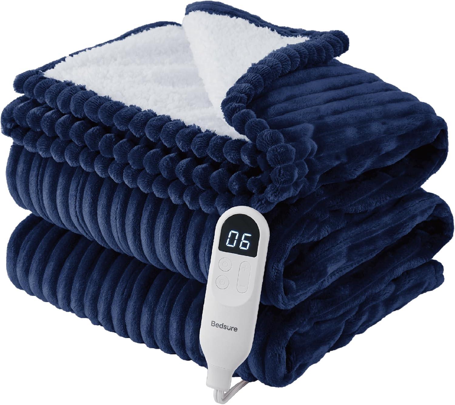 imageBedsure GentleSoft Electric Blanket King Size Soft Ribbed Flannel Heated Blanket with Dual Control Heating with 10 Heat Settings ampamp 10 Time Settings 8 hrs Timer Auto Shut Off 90x100 inches Grey04 Navy