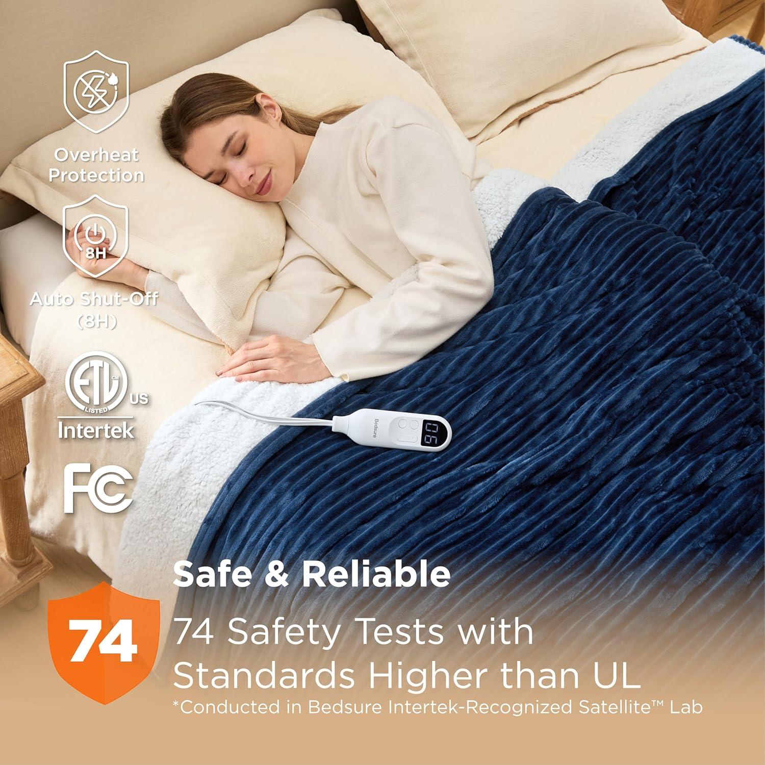 imageBedsure GentleSoft Electric Blanket King Size Soft Ribbed Flannel Heated Blanket with Dual Control Heating with 10 Heat Settings ampamp 10 Time Settings 8 hrs Timer Auto Shut Off 90x100 inches Grey04 Navy