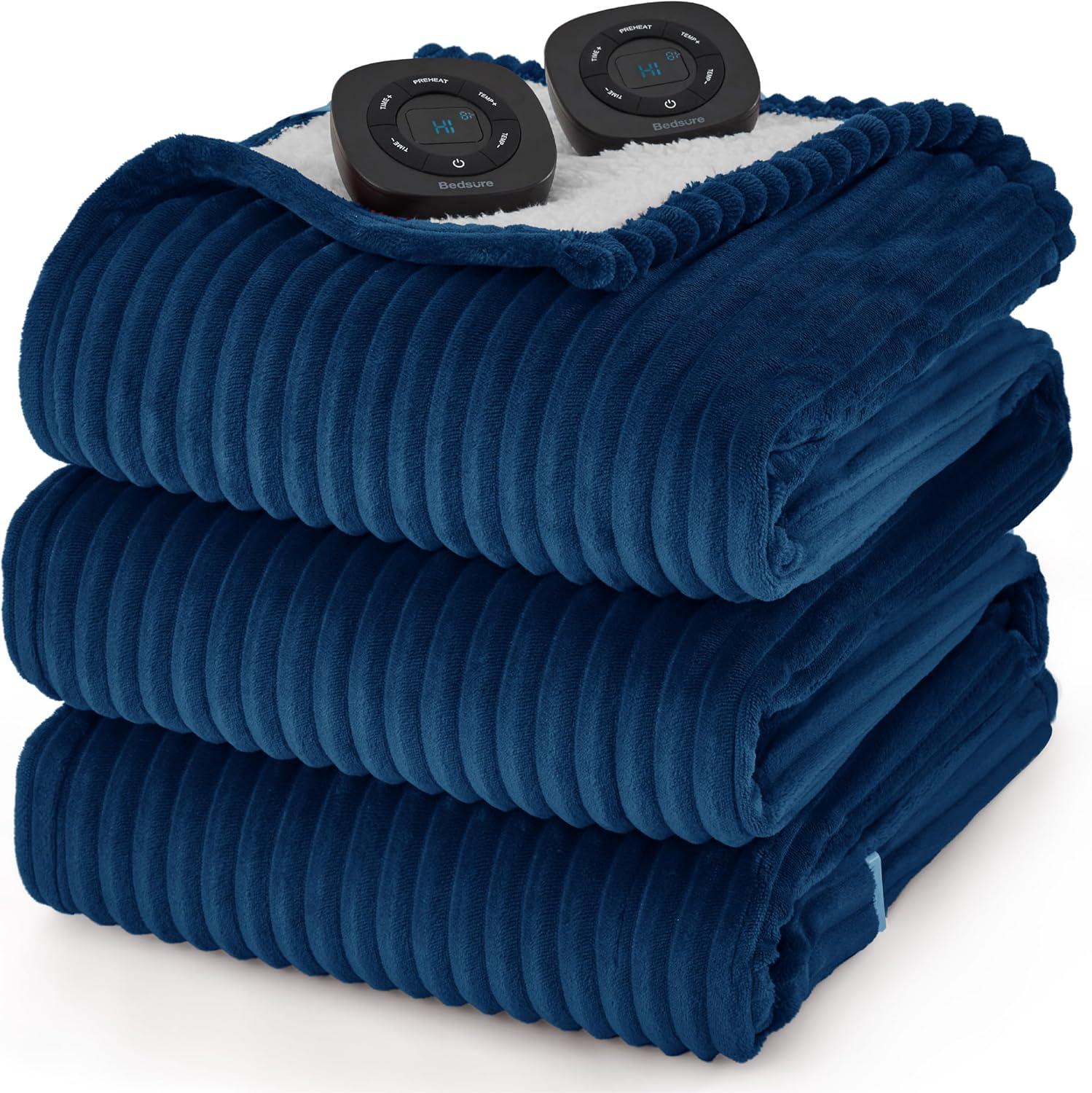 imageBedsure GentleSoft Electric Blanket King Size Soft Ribbed Flannel Heated Blanket with Dual Control Heating with 10 Heat Settings ampamp 10 Time Settings 8 hrs Timer Auto Shut Off 90x100 inches Grey04 Navy