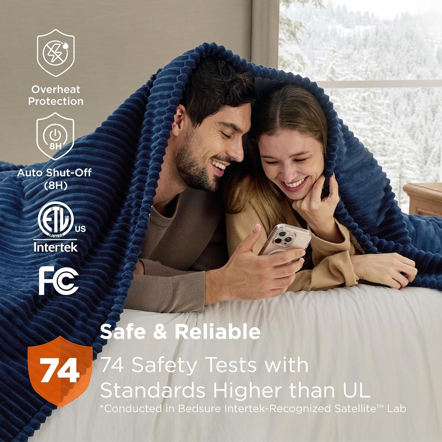 imageBedsure GentleSoft Electric Blanket King Size Soft Ribbed Flannel Heated Blanket with Dual Control Heating with 10 Heat Settings ampamp 10 Time Settings 8 hrs Timer Auto Shut Off 90x100 inches Grey04 Navy