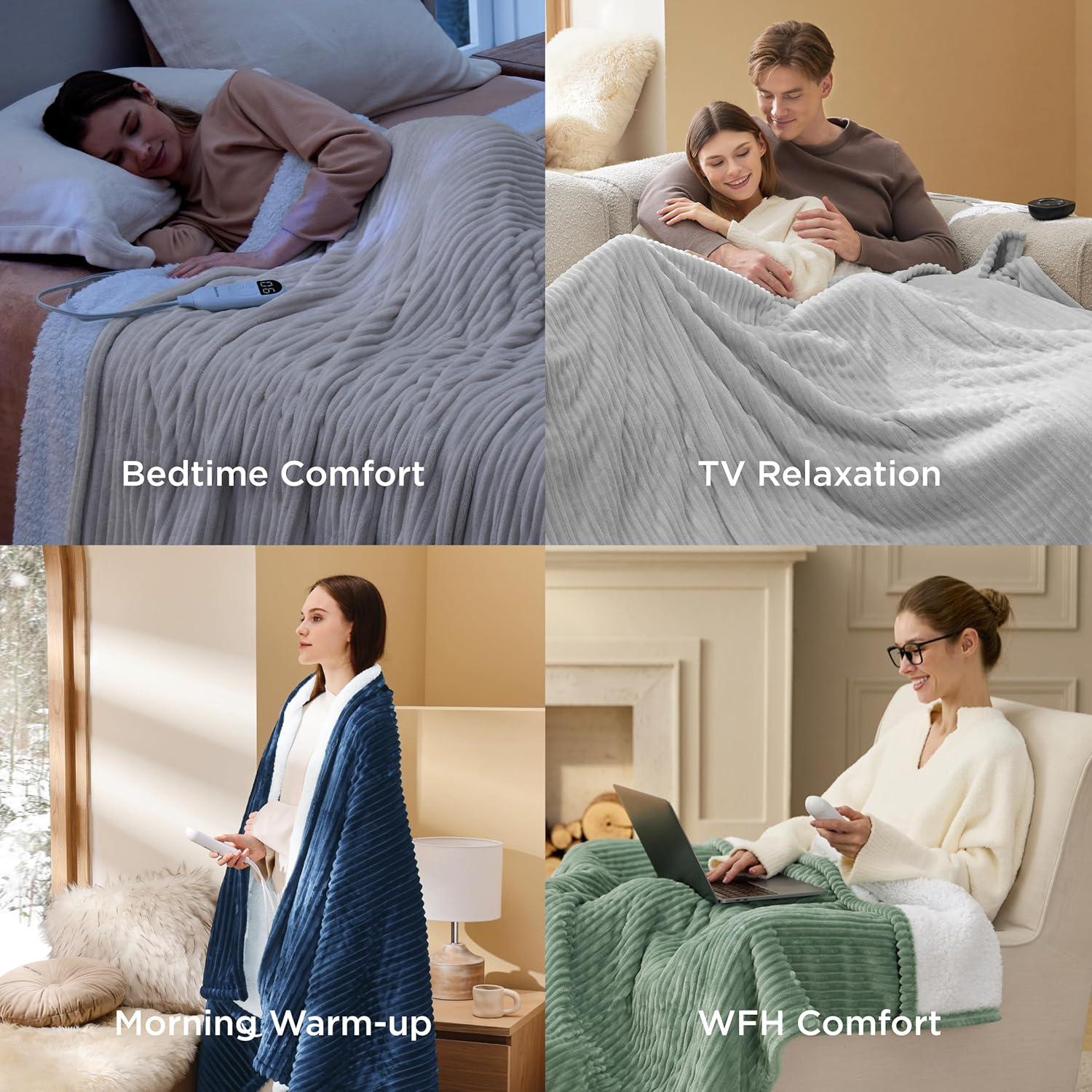 imageBedsure GentleSoft Electric Blanket King Size Soft Ribbed Flannel Heated Blanket with Dual Control Heating with 10 Heat Settings ampamp 10 Time Settings 8 hrs Timer Auto Shut Off 90x100 inches Grey04 Navy