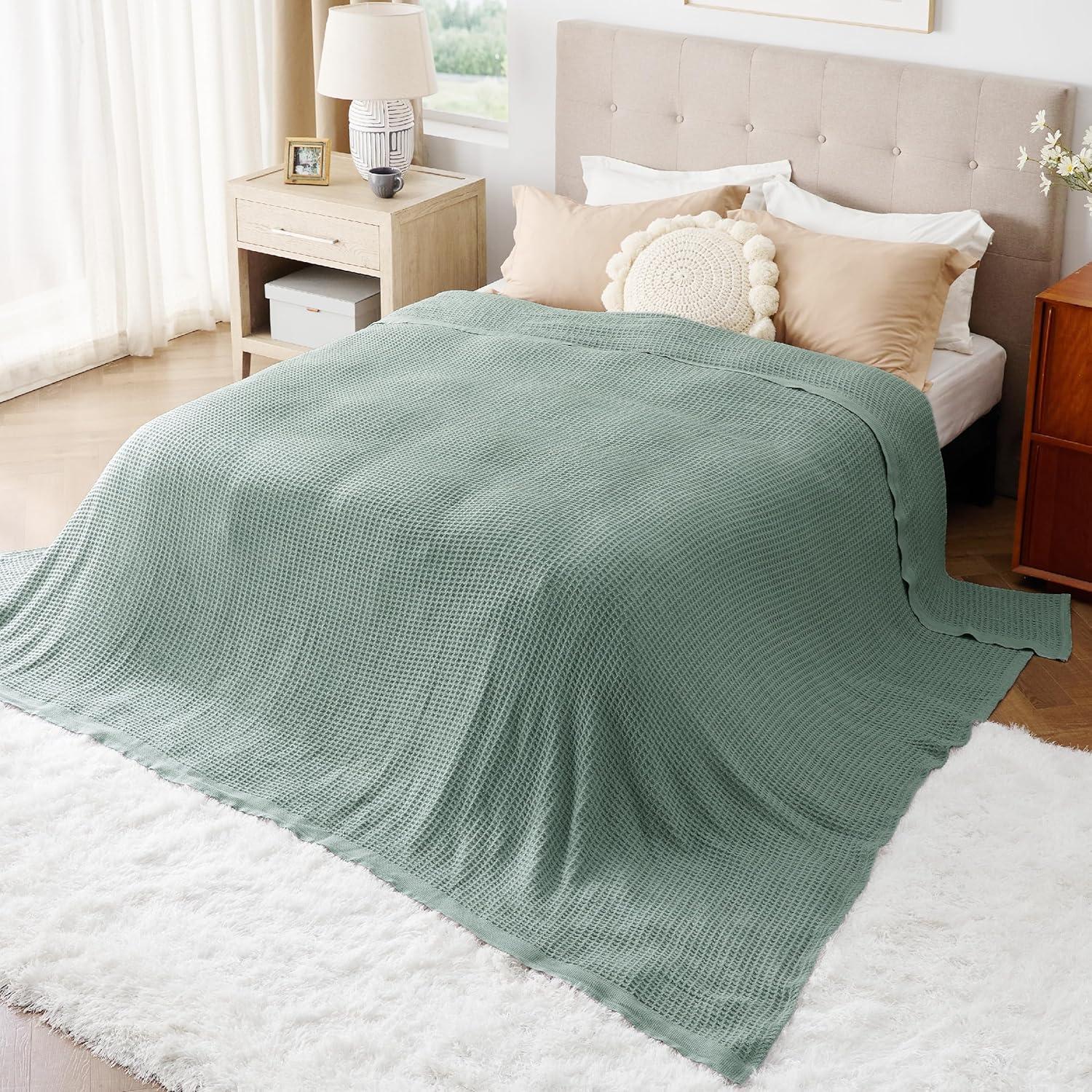 imageBedsure Gentlesoft 100 Cotton Blanket Queen Size for Bed Breathable and Soft Thick Cozy Waffle Weave Christmas Blanket Gift for Women White 90x90 Inches03 Sage Green
