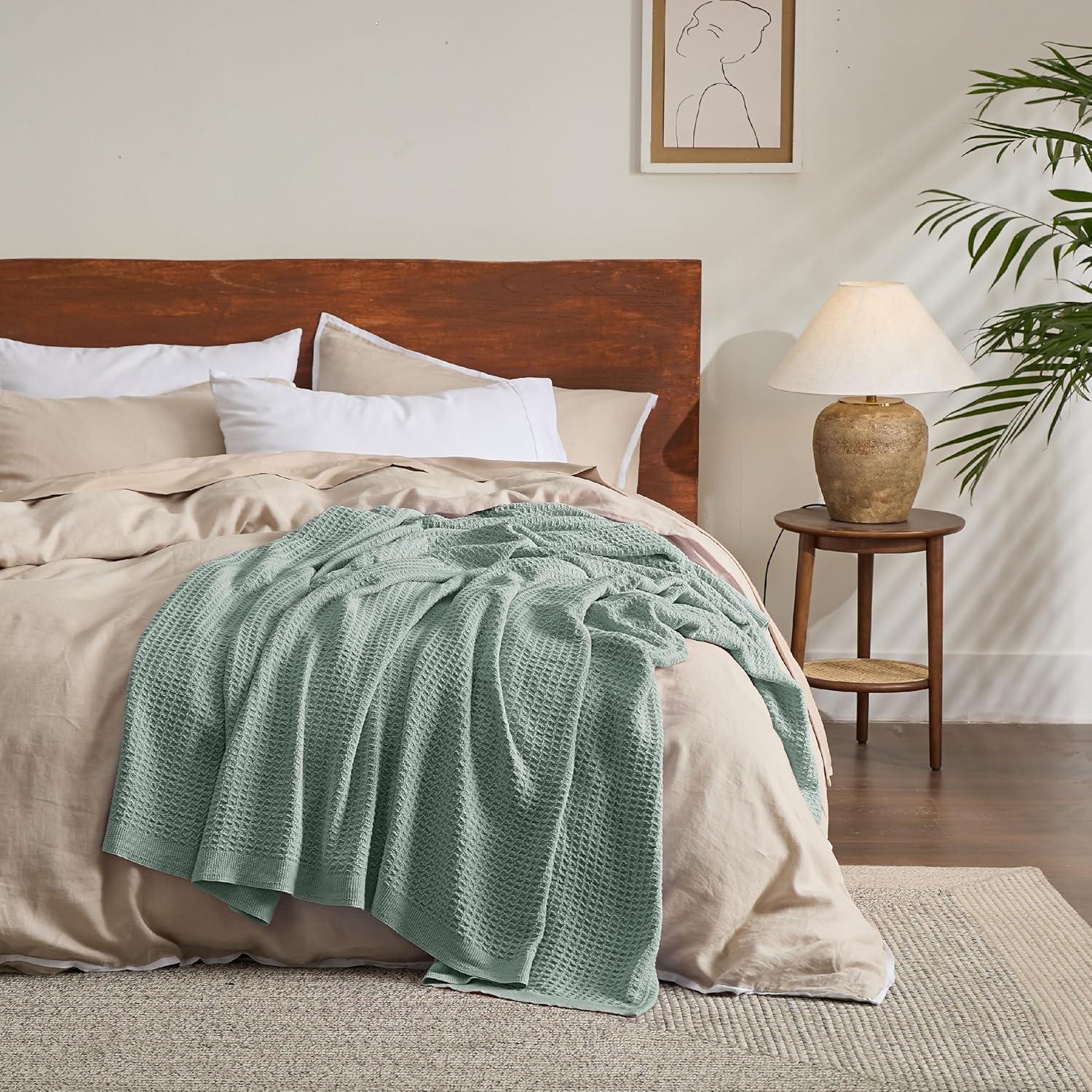 imageBedsure Gentlesoft 100 Cotton Blanket Queen Size for Bed Breathable and Soft Thick Cozy Waffle Weave Christmas Blanket Gift for Women White 90x90 Inches03 Sage Green