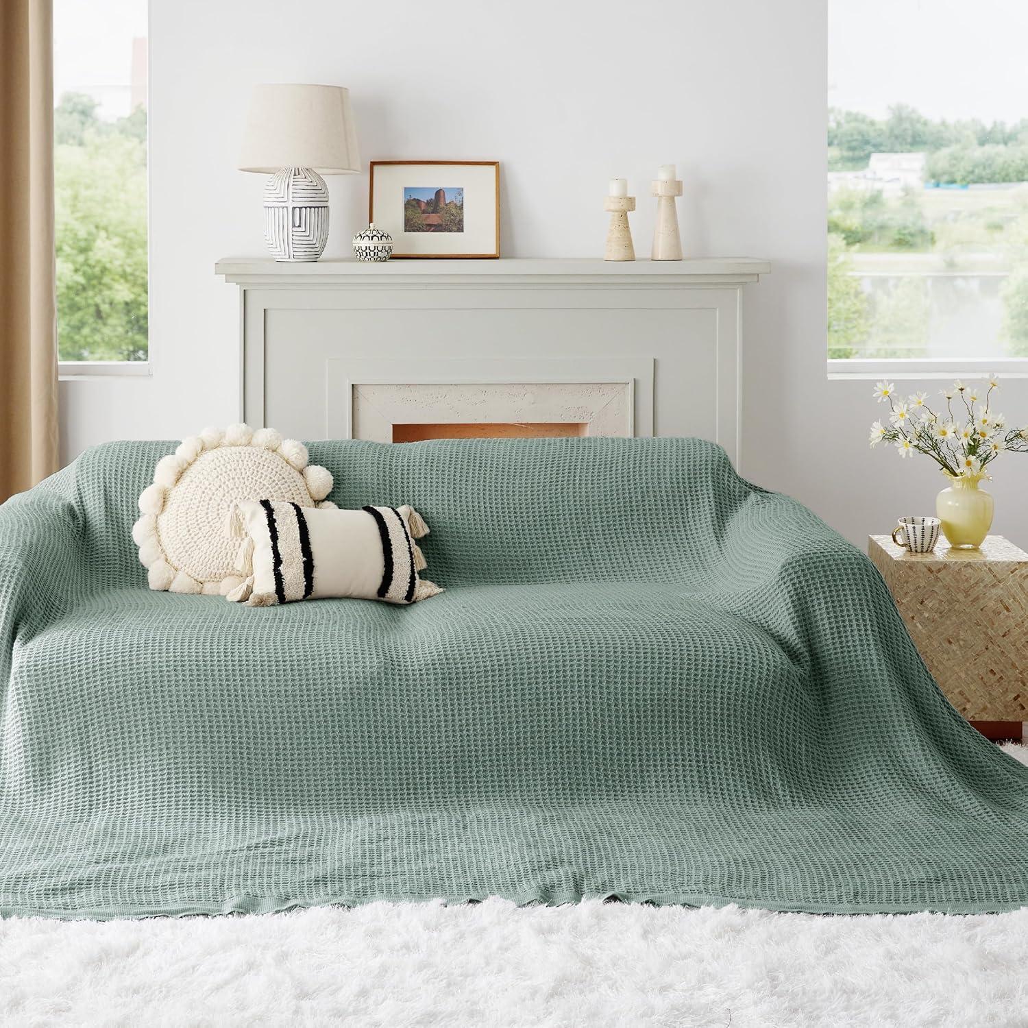 imageBedsure Gentlesoft 100 Cotton Blanket Queen Size for Bed Breathable and Soft Thick Cozy Waffle Weave Christmas Blanket Gift for Women White 90x90 Inches03 Sage Green