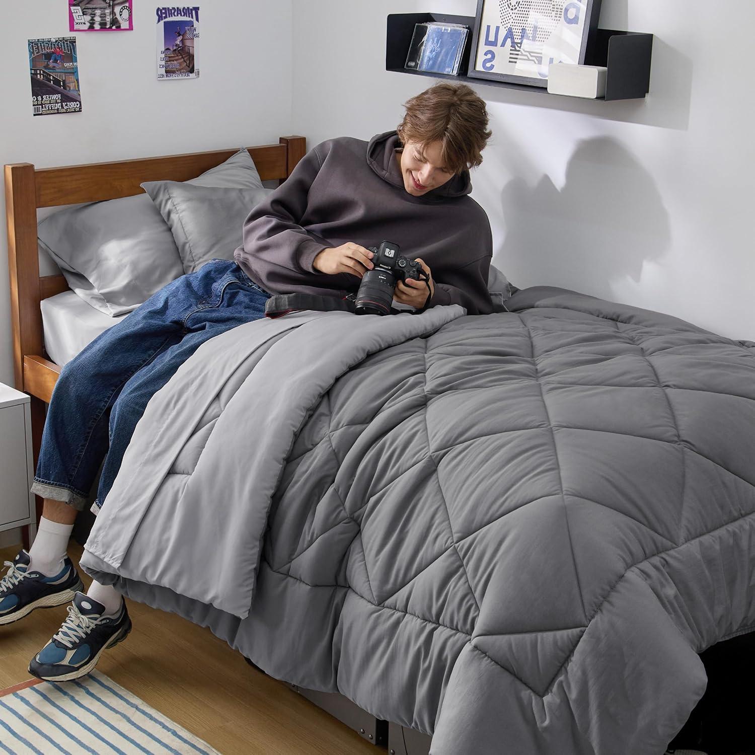 imageBedsure Queen Comforter Set 7 Pieces Reversible Beige Bedding Queen Size Bed Set for All Seasons Bed in a Bag with Down Alternative Comforter Sheets Pillowcases ampamp Shams01 Grey