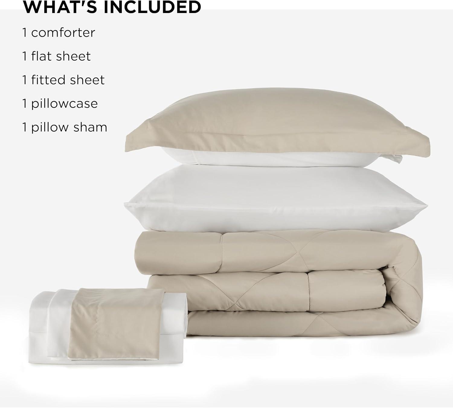 imageBedsure Queen Comforter Set 7 Pieces Reversible Beige Bedding Queen Size Bed Set for All Seasons Bed in a Bag with Down Alternative Comforter Sheets Pillowcases ampamp Shams10 Beige White