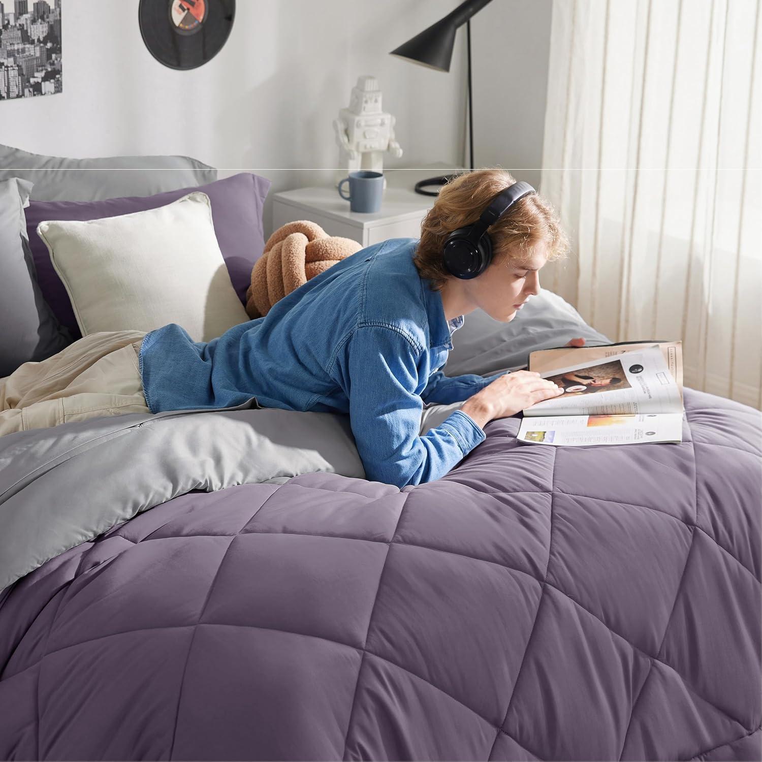imageBedsure Queen Comforter Set 7 Pieces Reversible Beige Bedding Queen Size Bed Set for All Seasons Bed in a Bag with Down Alternative Comforter Sheets Pillowcases ampamp Shams16 Grayish Purple