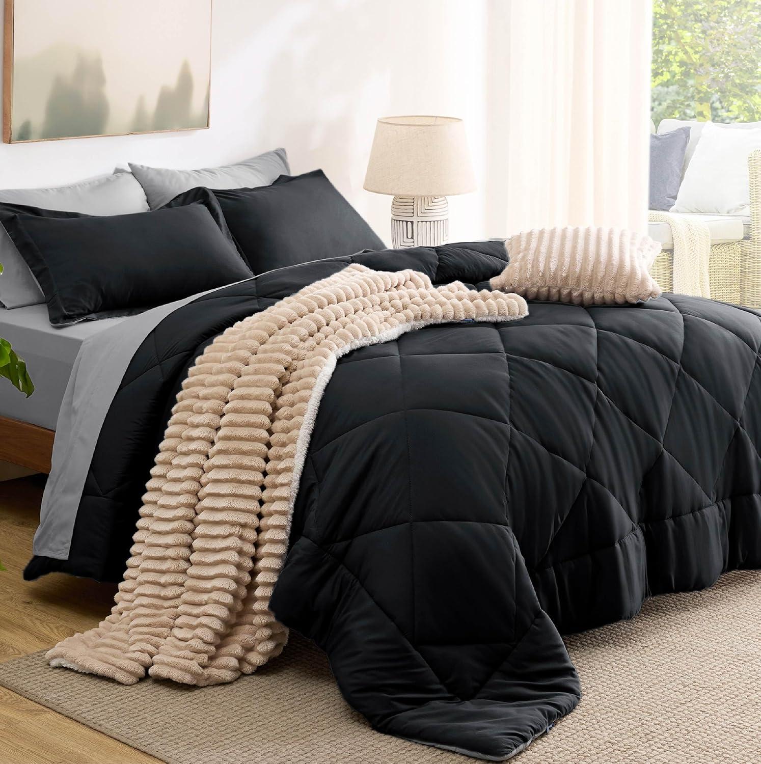 imageBedsure Queen Comforter Set 7 Pieces Reversible Beige Bedding Queen Size Bed Set for All Seasons Bed in a Bag with Down Alternative Comforter Sheets Pillowcases ampamp Shams10 Dark Black Grey