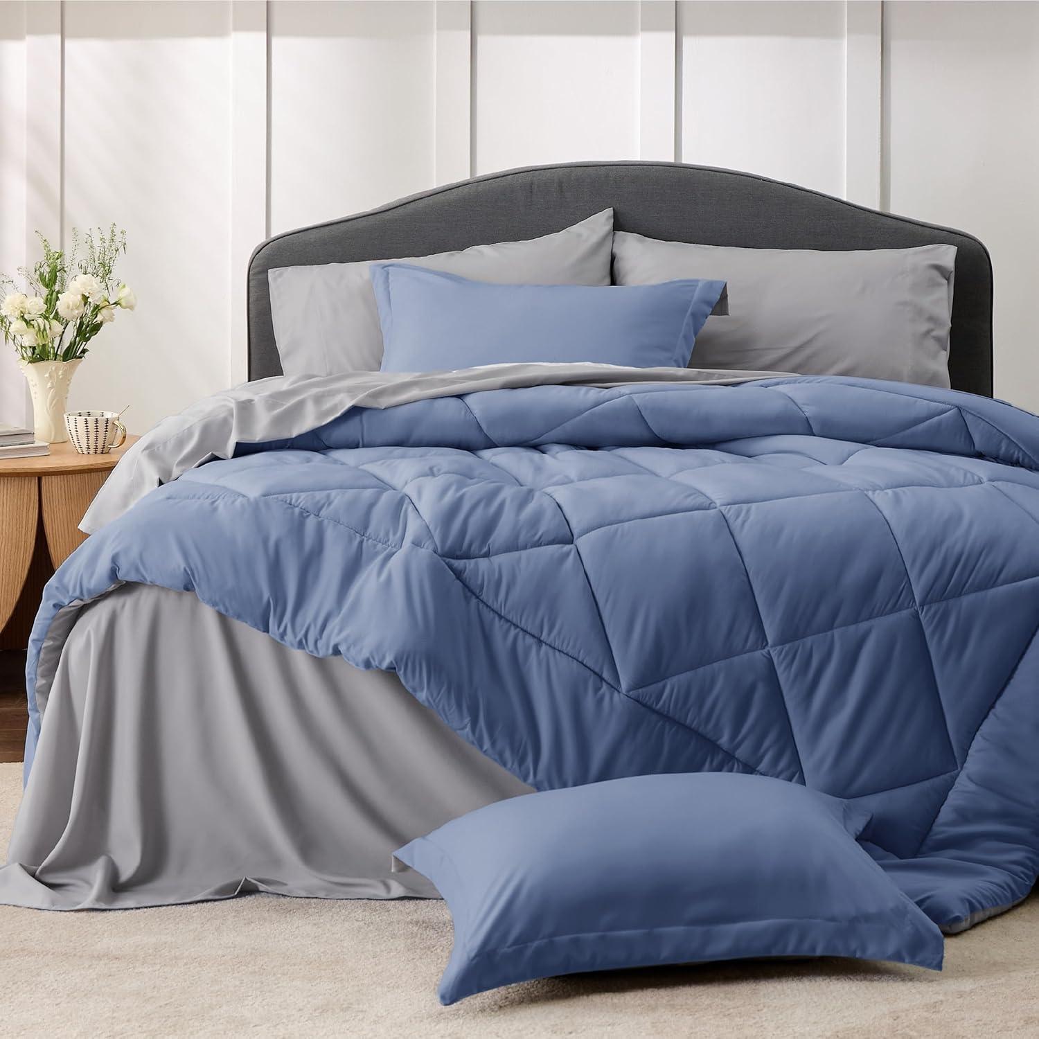imageBedsure Queen Comforter Set 7 Pieces Reversible Beige Bedding Queen Size Bed Set for All Seasons Bed in a Bag with Down Alternative Comforter Sheets Pillowcases ampamp Shams12 Infinity Blue