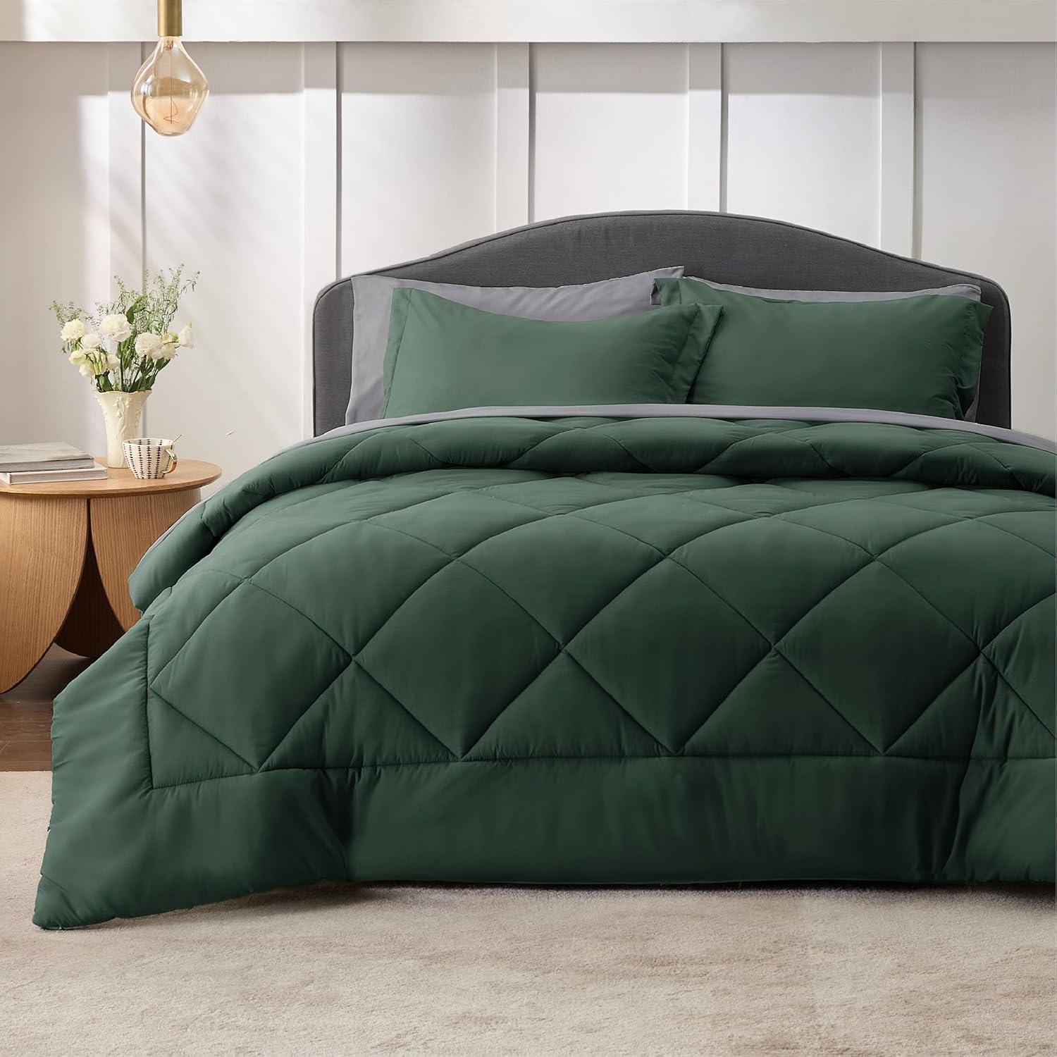 imageBedsure Queen Comforter Set 7 Pieces Reversible Beige Bedding Queen Size Bed Set for All Seasons Bed in a Bag with Down Alternative Comforter Sheets Pillowcases ampamp Shams05 Forest Green