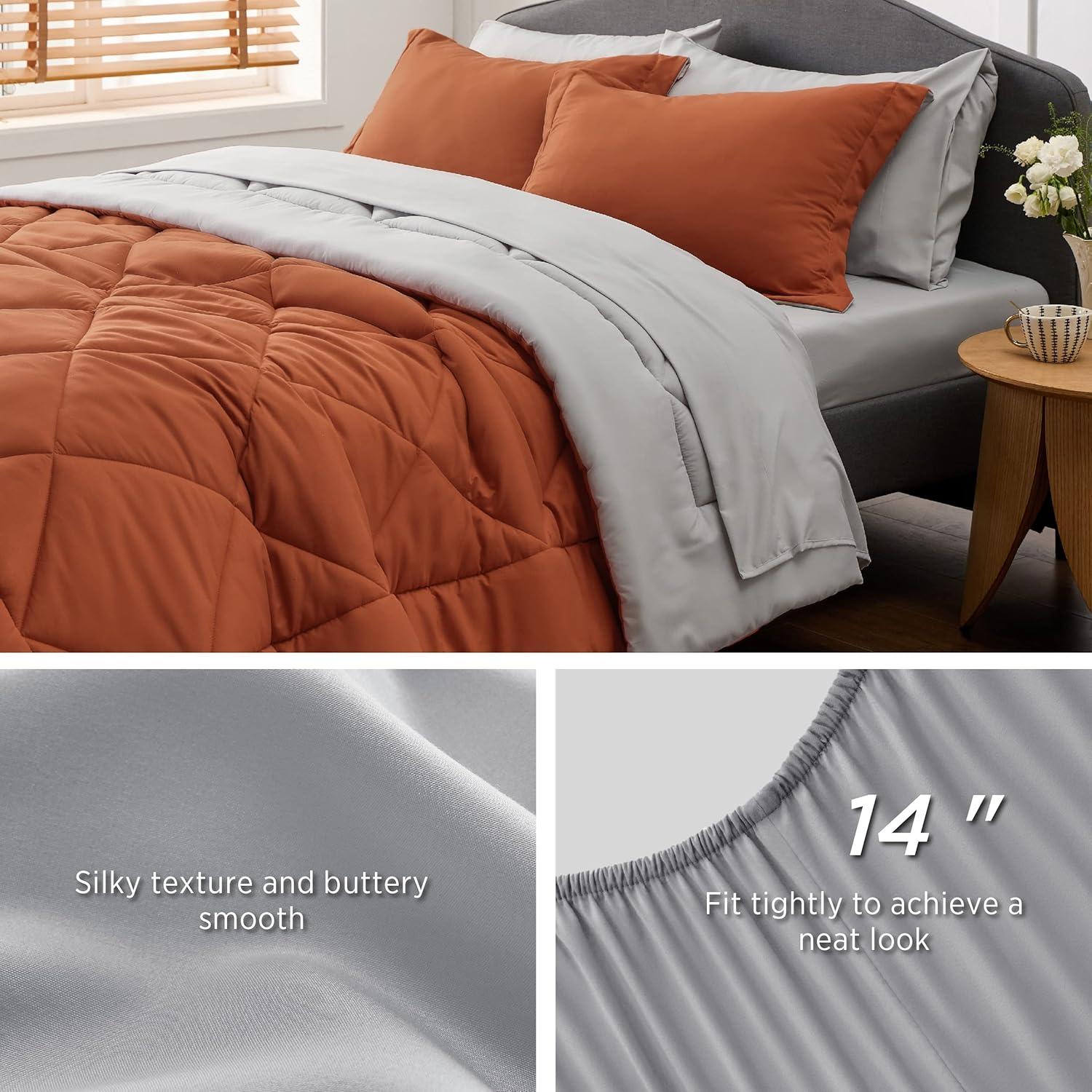 imageBedsure Queen Comforter Set 7 Pieces Reversible Beige Bedding Queen Size Bed Set for All Seasons Bed in a Bag with Down Alternative Comforter Sheets Pillowcases ampamp Shams17 Burnt Orange