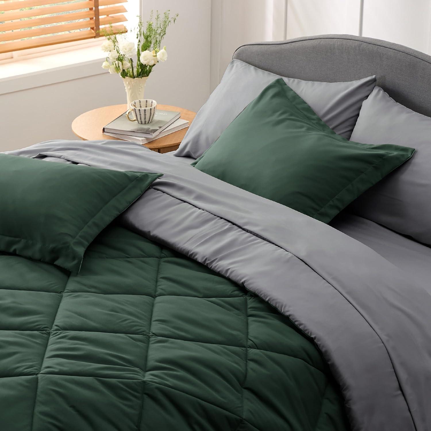 imageBedsure Queen Comforter Set 7 Pieces Reversible Beige Bedding Queen Size Bed Set for All Seasons Bed in a Bag with Down Alternative Comforter Sheets Pillowcases ampamp Shams05 Forest Green