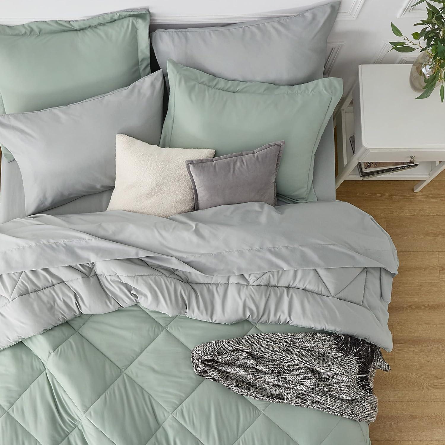 imageBedsure Queen Comforter Set 7 Pieces Reversible Beige Bedding Queen Size Bed Set for All Seasons Bed in a Bag with Down Alternative Comforter Sheets Pillowcases ampamp Shams08 Sage Green