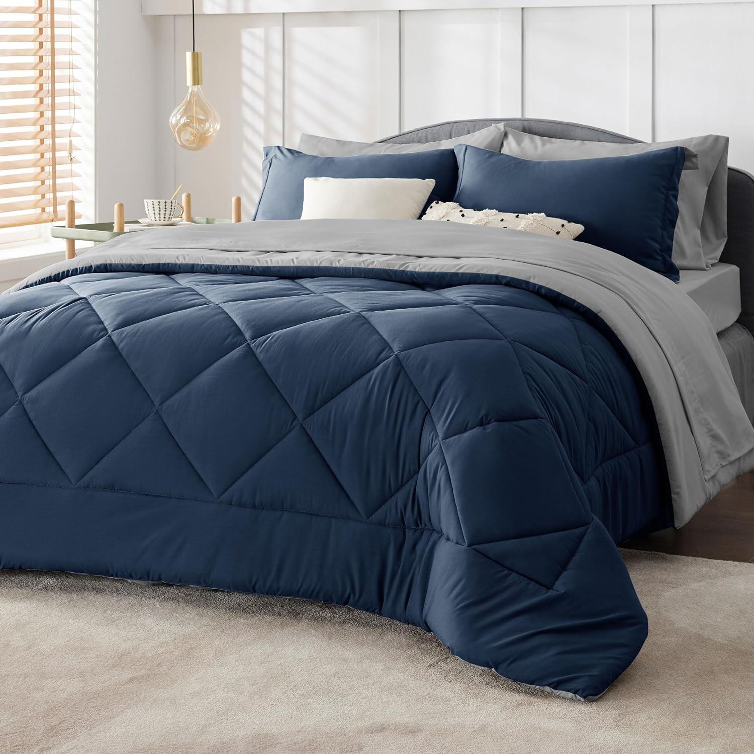 imageBedsure Queen Comforter Set 7 Pieces Reversible Beige Bedding Queen Size Bed Set for All Seasons Bed in a Bag with Down Alternative Comforter Sheets Pillowcases ampamp Shams03 Navy