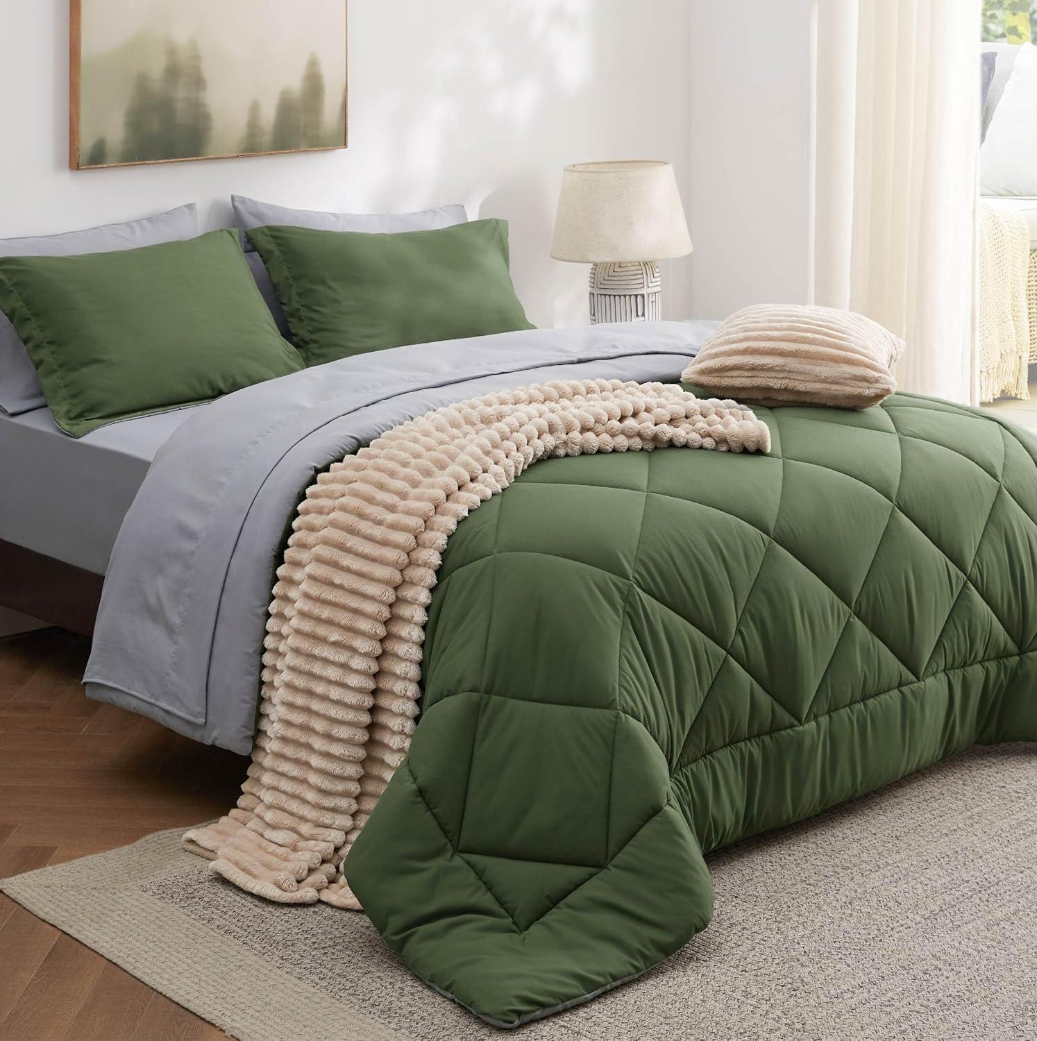 imageBedsure Queen Comforter Set 7 Pieces Reversible Beige Bedding Queen Size Bed Set for All Seasons Bed in a Bag with Down Alternative Comforter Sheets Pillowcases ampamp Shams21 Olive Green