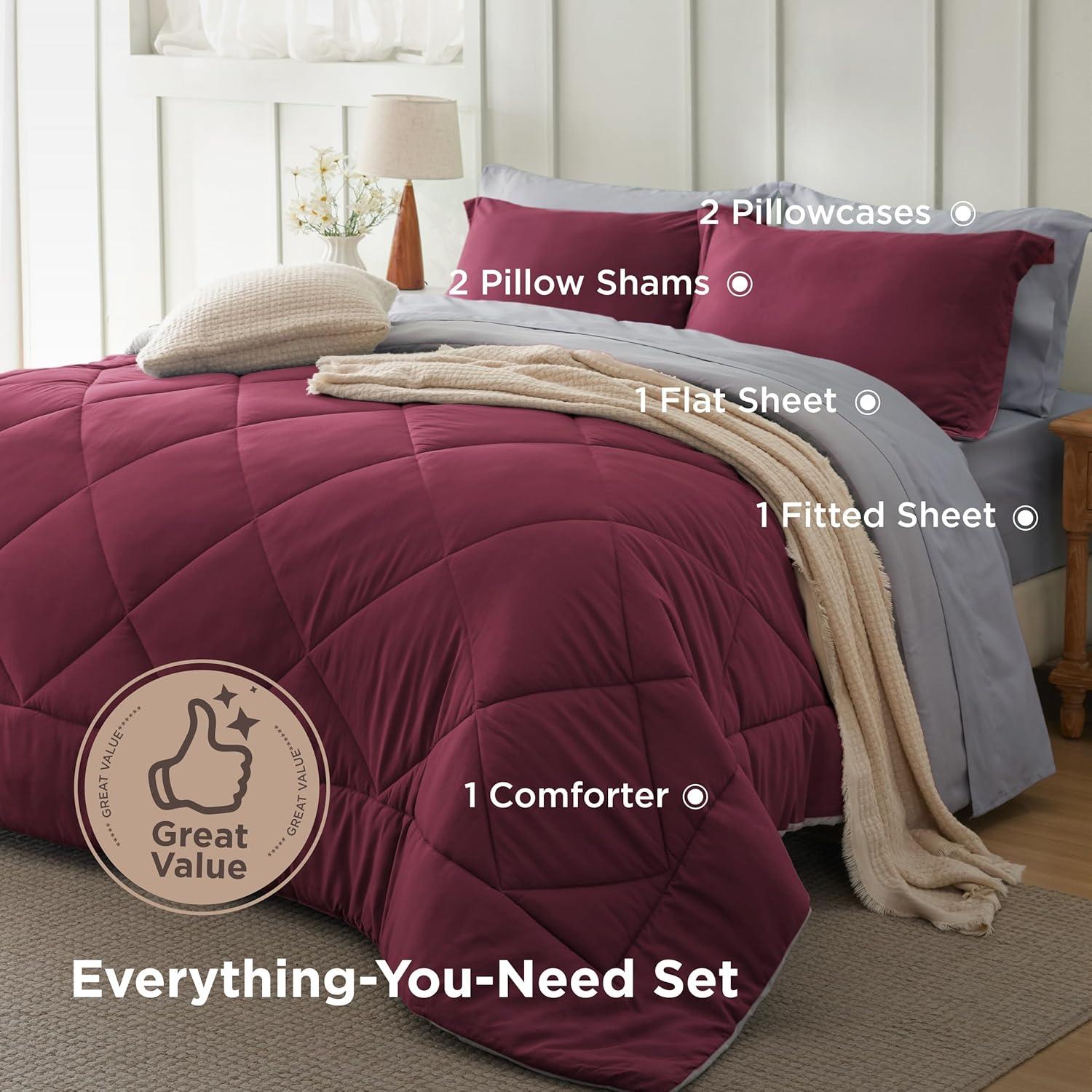 imageBedsure Queen Comforter Set 7 Pieces Reversible Beige Bedding Queen Size Bed Set for All Seasons Bed in a Bag with Down Alternative Comforter Sheets Pillowcases ampamp Shams04 Burgundy