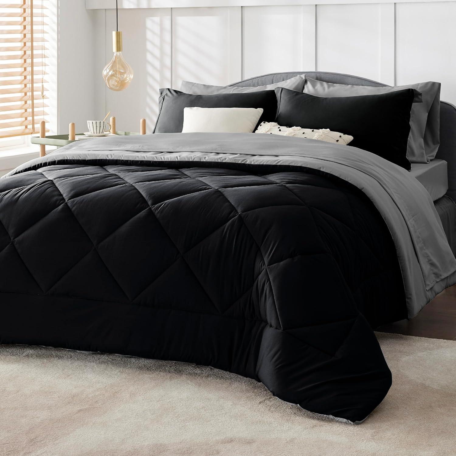 imageBedsure Queen Comforter Set 7 Pieces Reversible Beige Bedding Queen Size Bed Set for All Seasons Bed in a Bag with Down Alternative Comforter Sheets Pillowcases ampamp Shams02 Black