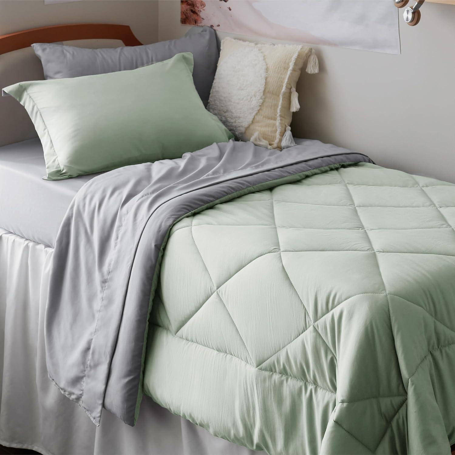 imageBedsure Queen Comforter Set 7 Pieces Reversible Beige Bedding Queen Size Bed Set for All Seasons Bed in a Bag with Down Alternative Comforter Sheets Pillowcases ampamp Shams08 Sage Green