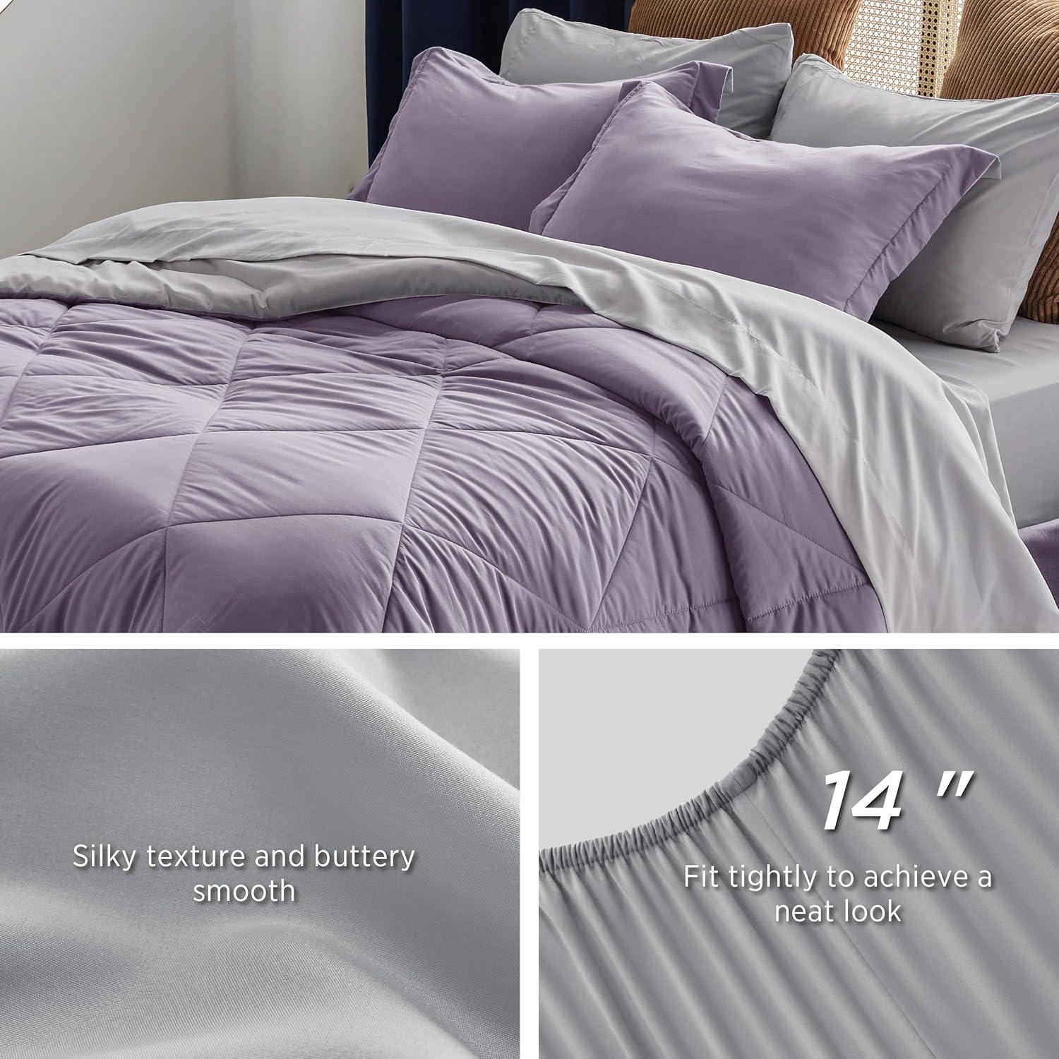 imageBedsure Queen Comforter Set 7 Pieces Reversible Beige Bedding Queen Size Bed Set for All Seasons Bed in a Bag with Down Alternative Comforter Sheets Pillowcases ampamp Shams16 Grayish Purple
