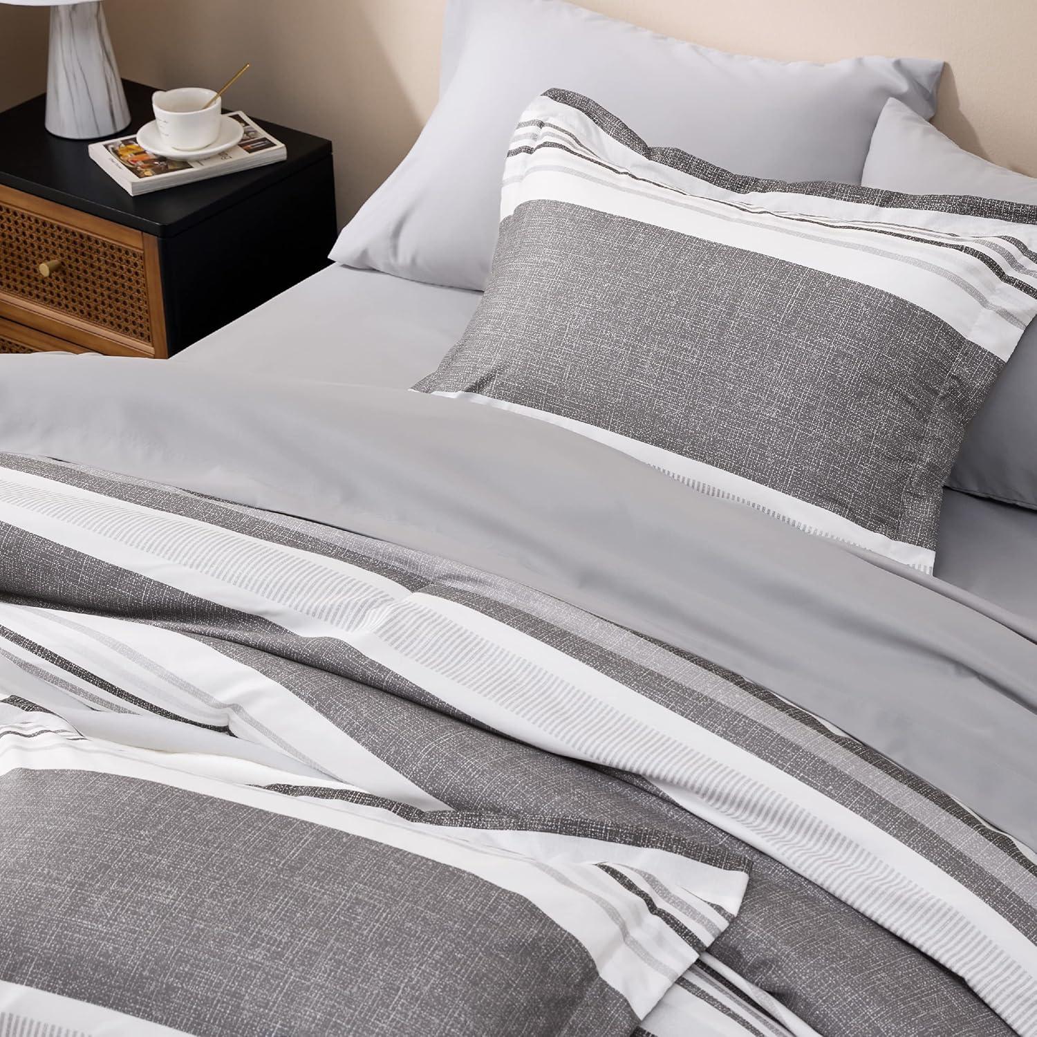 imageBedsure Queen Comforter Set 7 Pieces Grey Striped Bedding Set for All Seasons Reversible Cationic Dyeing Bed in a Bag with Comforter Sheets Pillowcases ampamp Shams20 Frost Grey