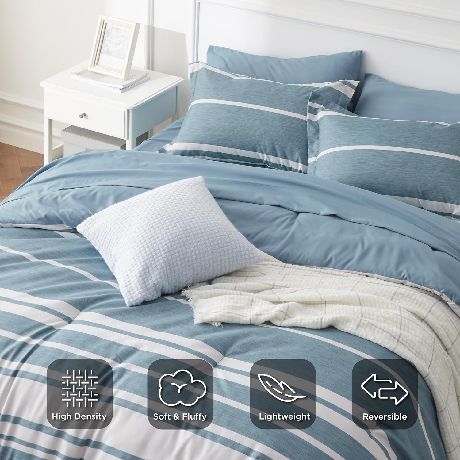 imageBedsure Queen Comforter Set 7 Pieces Grey Striped Bedding Set for All Seasons Reversible Cationic Dyeing Bed in a Bag with Comforter Sheets Pillowcases ampamp Shams13 Grey Blue