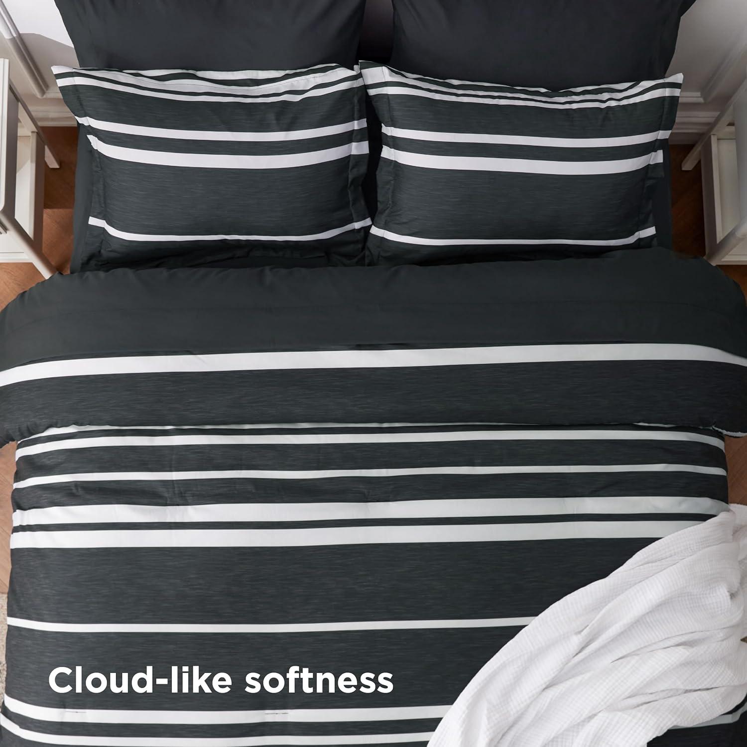 imageBedsure Queen Comforter Set 7 Pieces Grey Striped Bedding Set for All Seasons Reversible Cationic Dyeing Bed in a Bag with Comforter Sheets Pillowcases ampamp Shams07 Black
