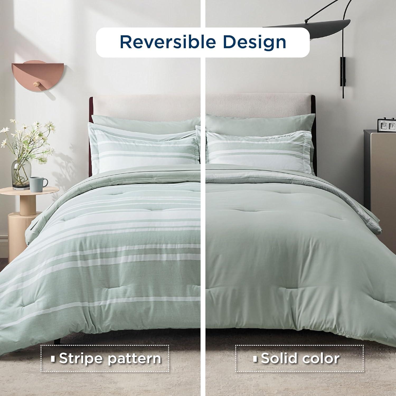imageBedsure Queen Comforter Set 7 Pieces Grey Striped Bedding Set for All Seasons Reversible Cationic Dyeing Bed in a Bag with Comforter Sheets Pillowcases ampamp Shams03 Sage Green