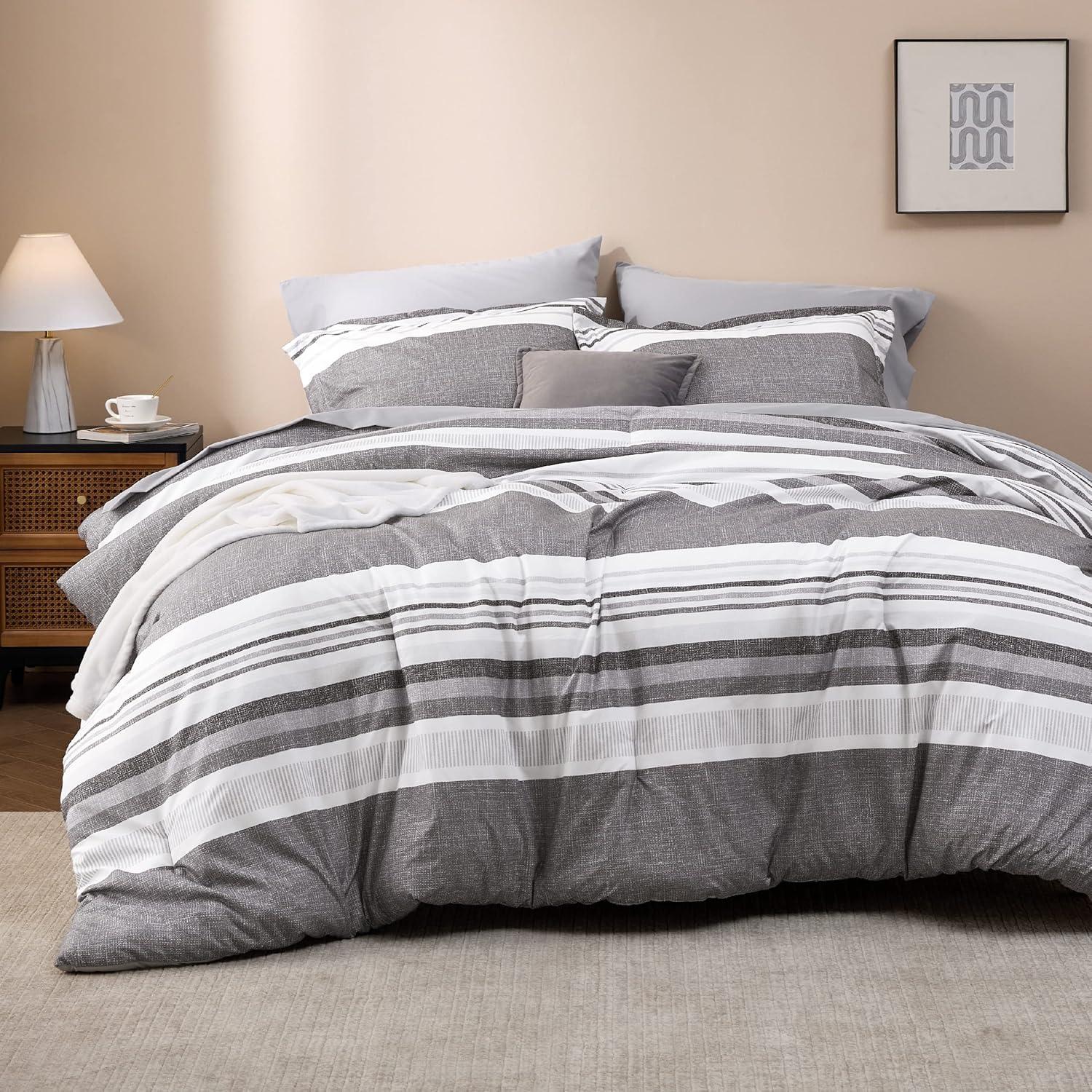 imageBedsure Queen Comforter Set 7 Pieces Grey Striped Bedding Set for All Seasons Reversible Cationic Dyeing Bed in a Bag with Comforter Sheets Pillowcases ampamp Shams20 Frost Grey