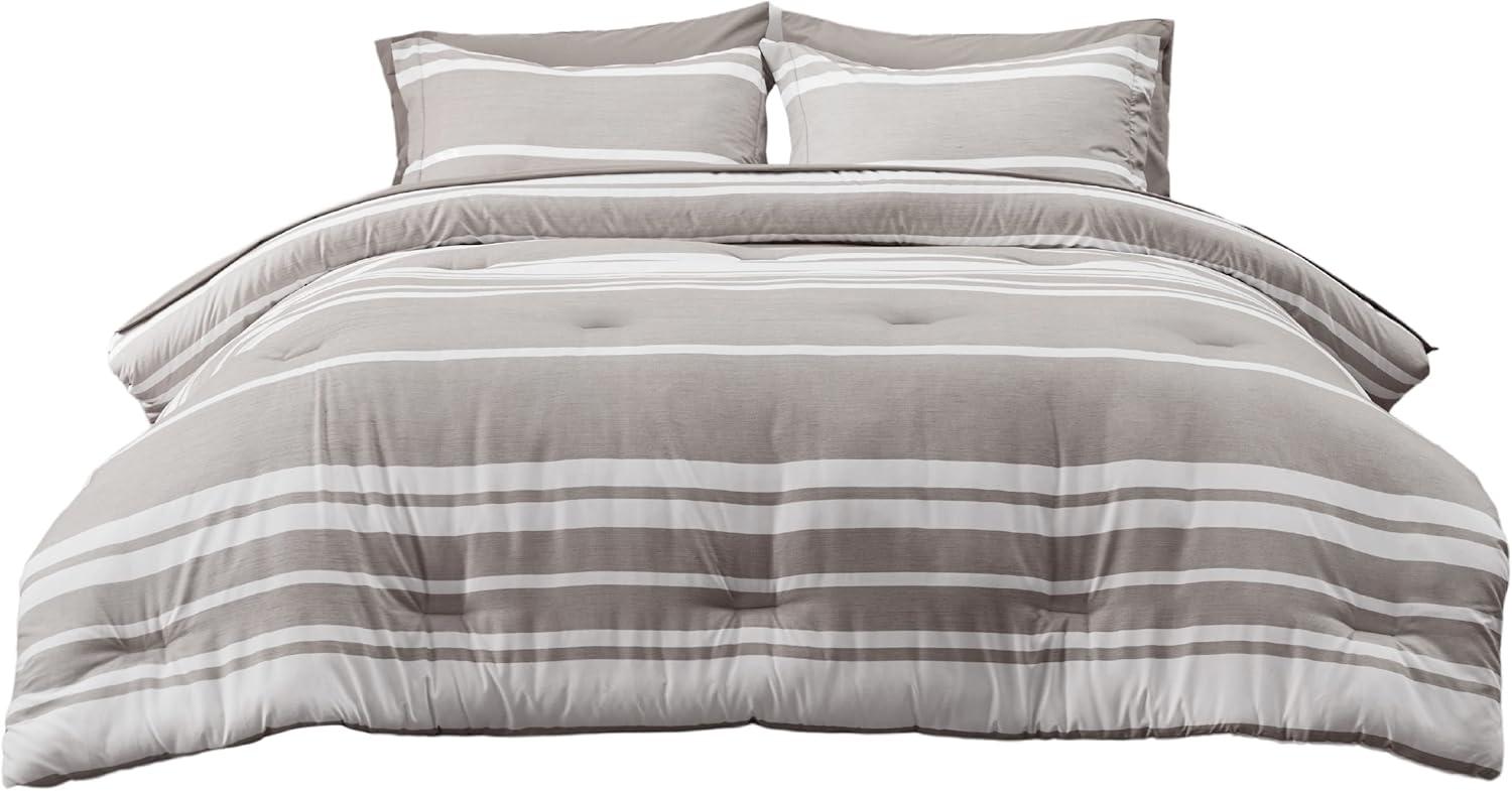 imageBedsure Queen Comforter Set 7 Pieces Grey Striped Bedding Set for All Seasons Reversible Cationic Dyeing Bed in a Bag with Comforter Sheets Pillowcases ampamp Shams14 Taupe