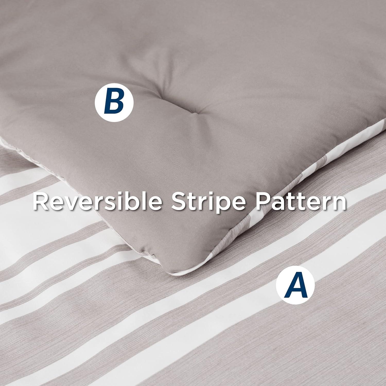 imageBedsure Queen Comforter Set 7 Pieces Grey Striped Bedding Set for All Seasons Reversible Cationic Dyeing Bed in a Bag with Comforter Sheets Pillowcases ampamp Shams14 Taupe