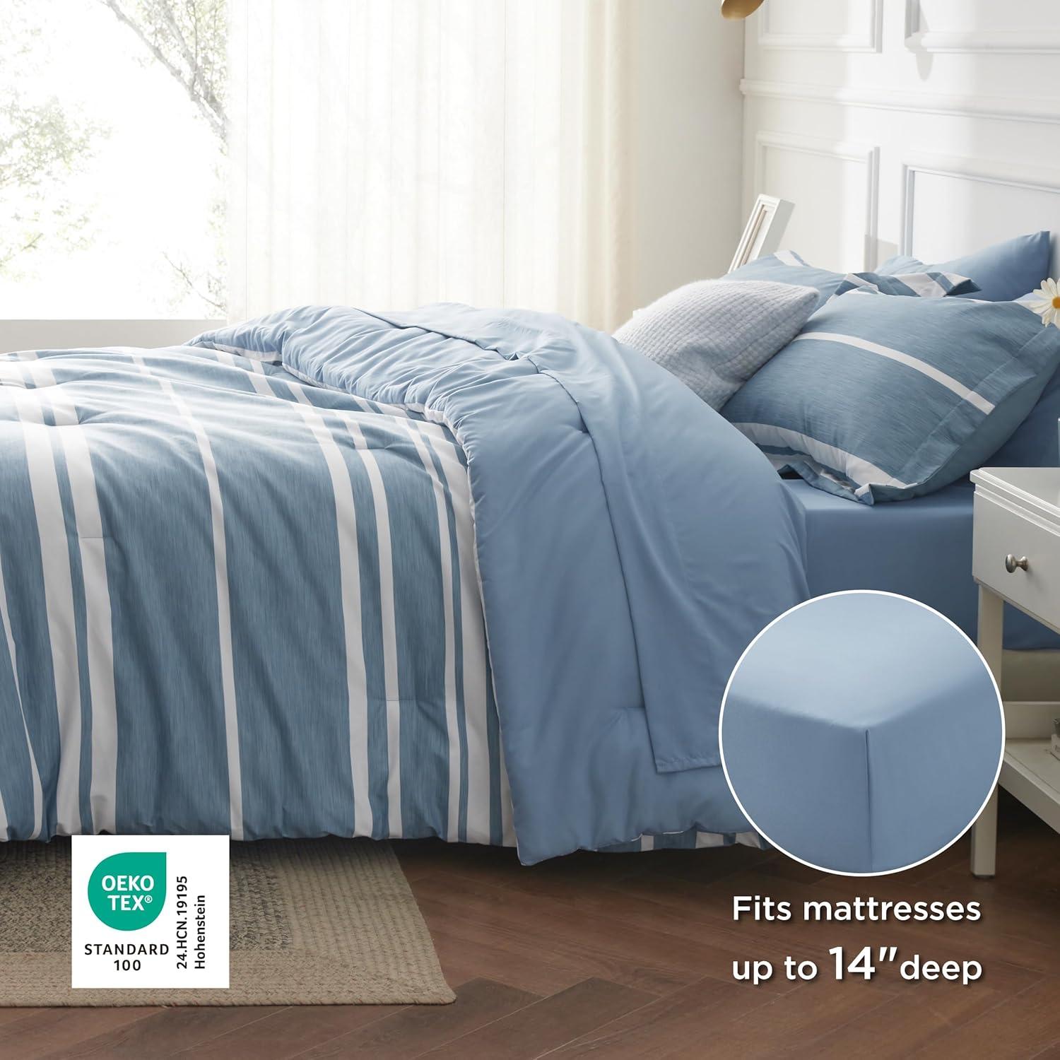 imageBedsure Queen Comforter Set 7 Pieces Grey Striped Bedding Set for All Seasons Reversible Cationic Dyeing Bed in a Bag with Comforter Sheets Pillowcases ampamp Shams13 Grey Blue