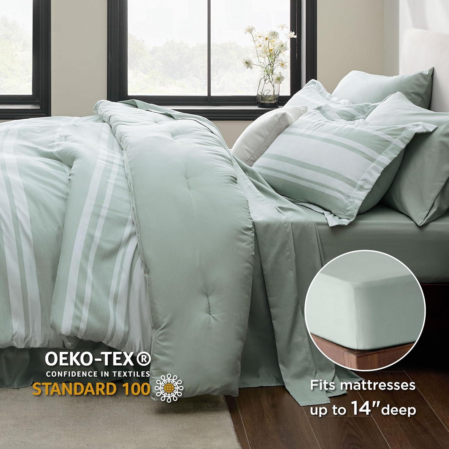 imageBedsure Queen Comforter Set 7 Pieces Grey Striped Bedding Set for All Seasons Reversible Cationic Dyeing Bed in a Bag with Comforter Sheets Pillowcases ampamp Shams03 Sage Green