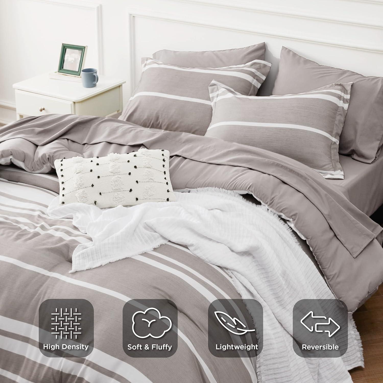 imageBedsure Queen Comforter Set 7 Pieces Grey Striped Bedding Set for All Seasons Reversible Cationic Dyeing Bed in a Bag with Comforter Sheets Pillowcases ampamp Shams14 Taupe